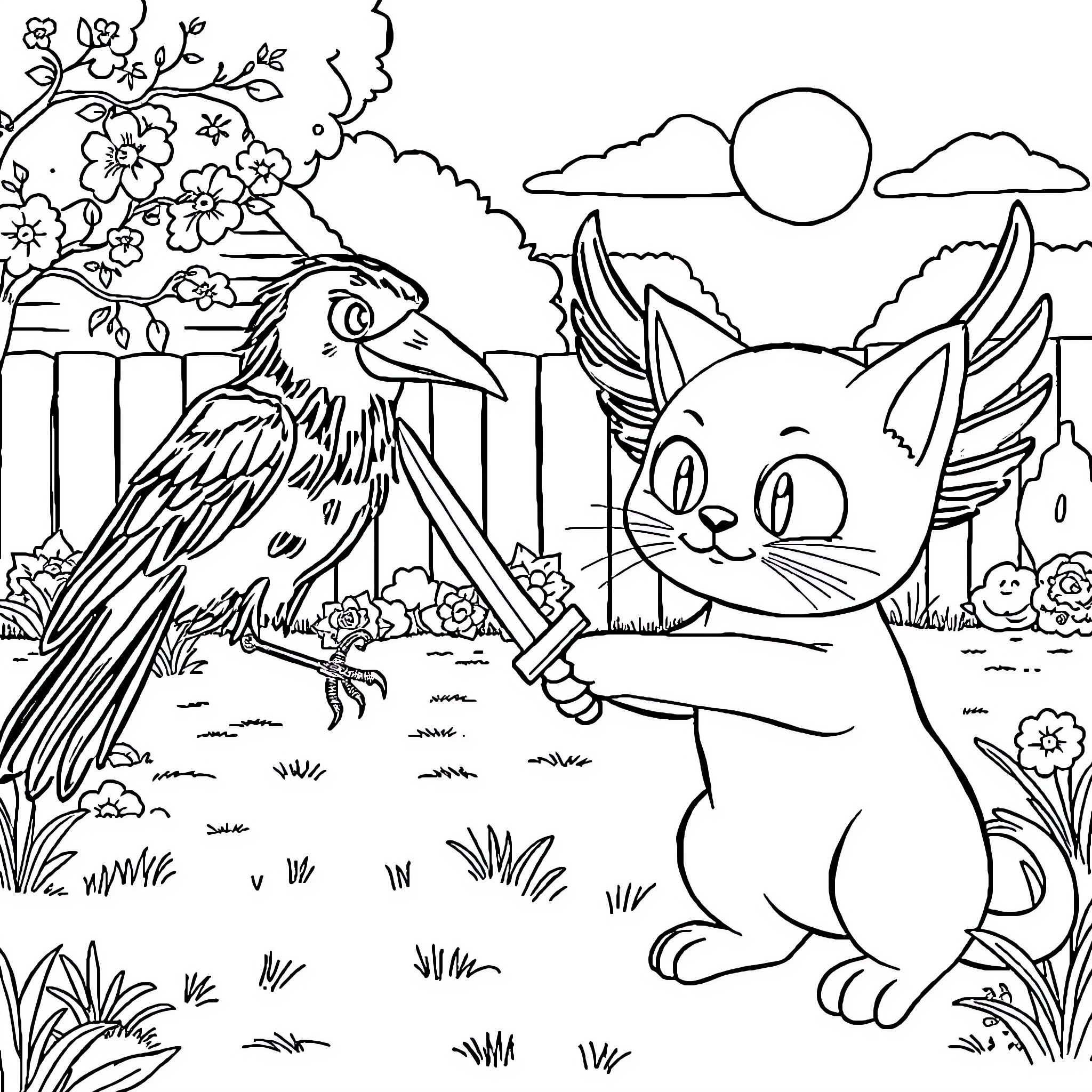 Cat and bird interacting in nature setting Coloring Page (free black-and-white line drawing printable PDF for all, from beginners to advanced learners, including children, teens, adults, and seniors)