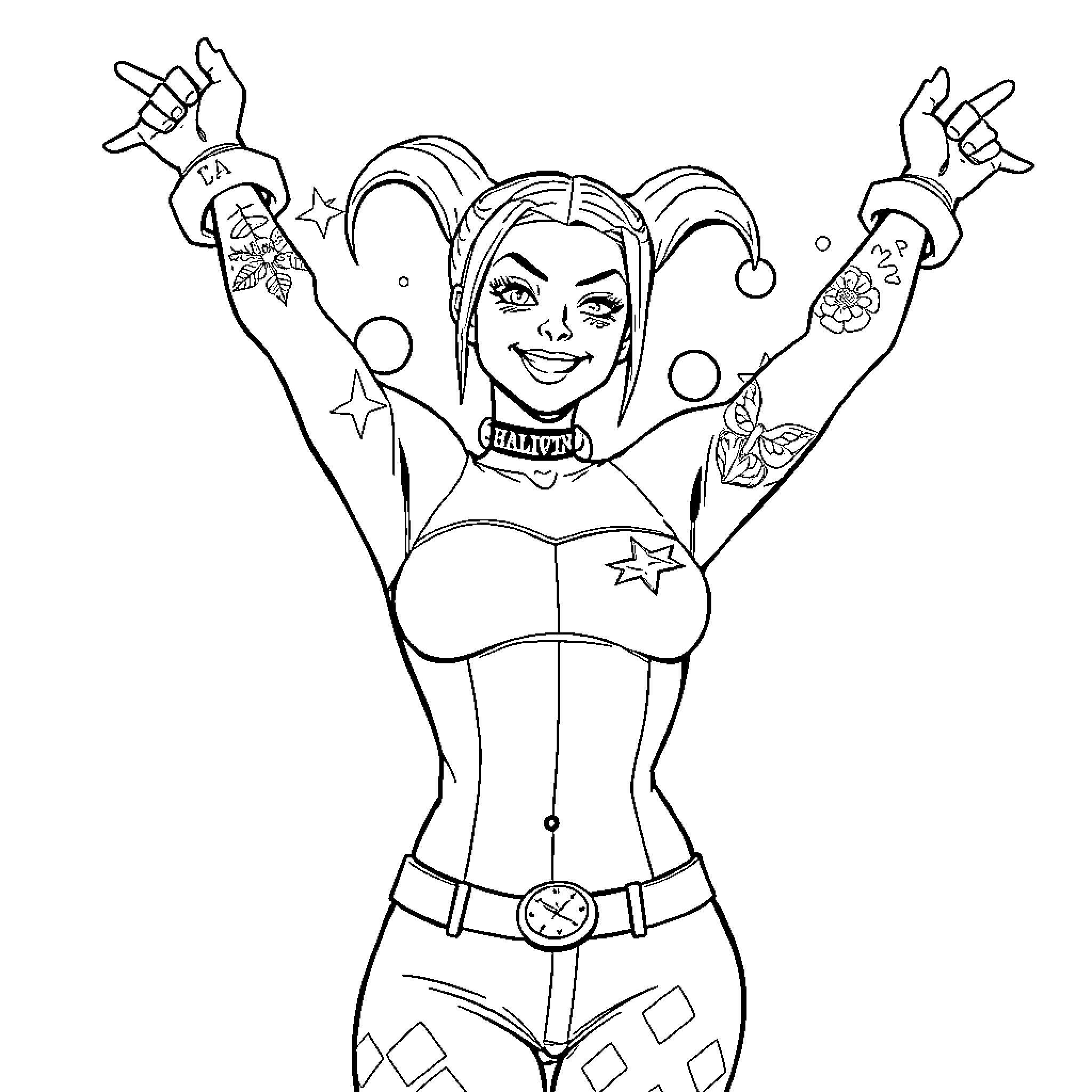 Harley Quinn's Energetic Pose and Costume Coloring Page (free black-and-white line drawing printable PDF for all, from beginners to advanced learners, including children, teens, adults, and seniors)