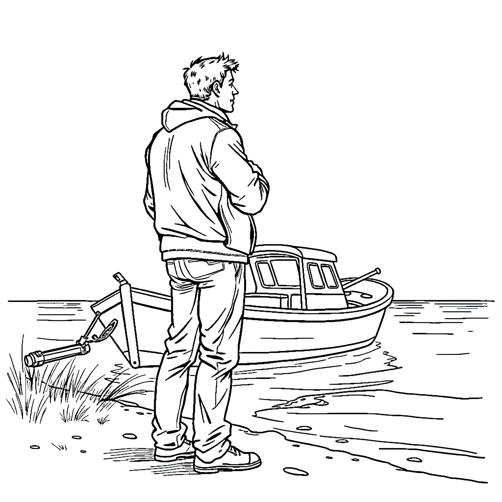 Man inspecting his boat by the shore Coloring Page (free black-and-white line drawing printable PDF for all, from beginners to advanced learners, including children, teens, adults, and seniors)