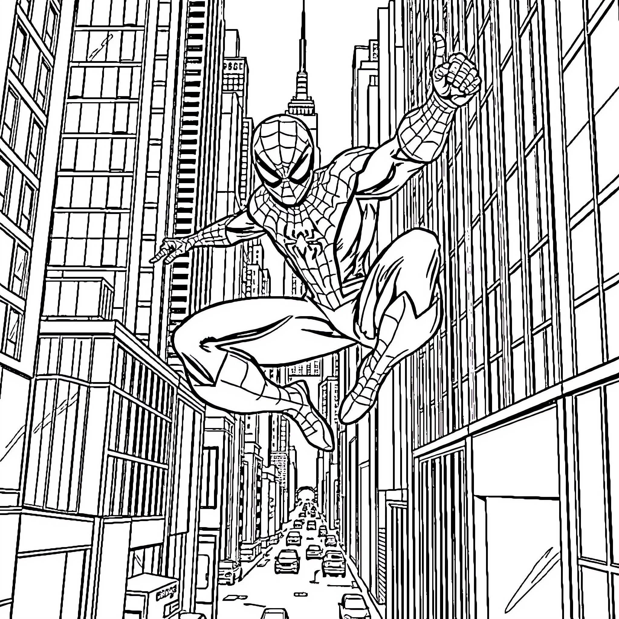 Spiderman swinging through the city Coloring Page (free black-and-white line drawing printable PDF for all, from beginners to advanced learners, including children, teens, adults, and seniors)