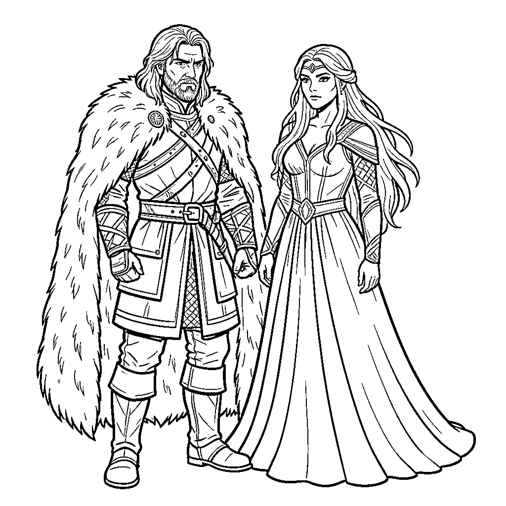 Jon Snow and his companion in medieval attire Coloring Page (free black-and-white line drawing printable PDF for all, from beginners to advanced learners, including children, teens, adults, and seniors)