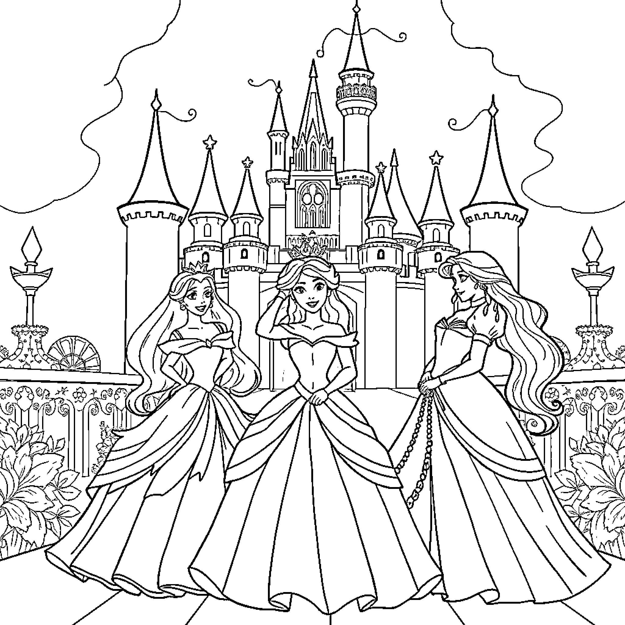 Princesses Gathered at the Enchanted Castle Coloring Page (free black-and-white line drawing printable PDF for all, from beginners to advanced learners, including children, teens, adults, and seniors)