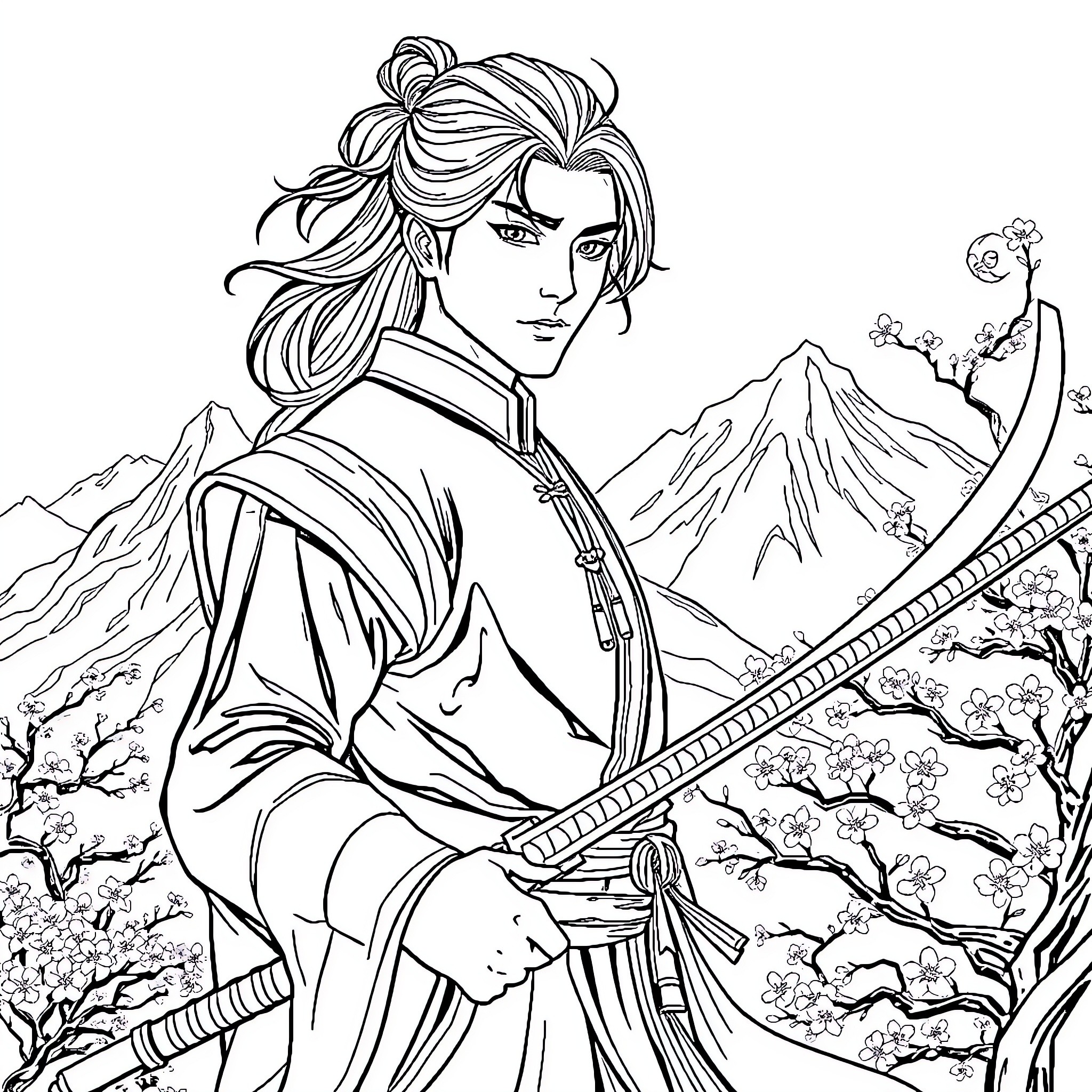 Prince in Elegant Attire, Surrounded by Nature Coloring Page (free black-and-white line drawing printable PDF for all, from beginners to advanced learners, including children, teens, adults, and seniors)