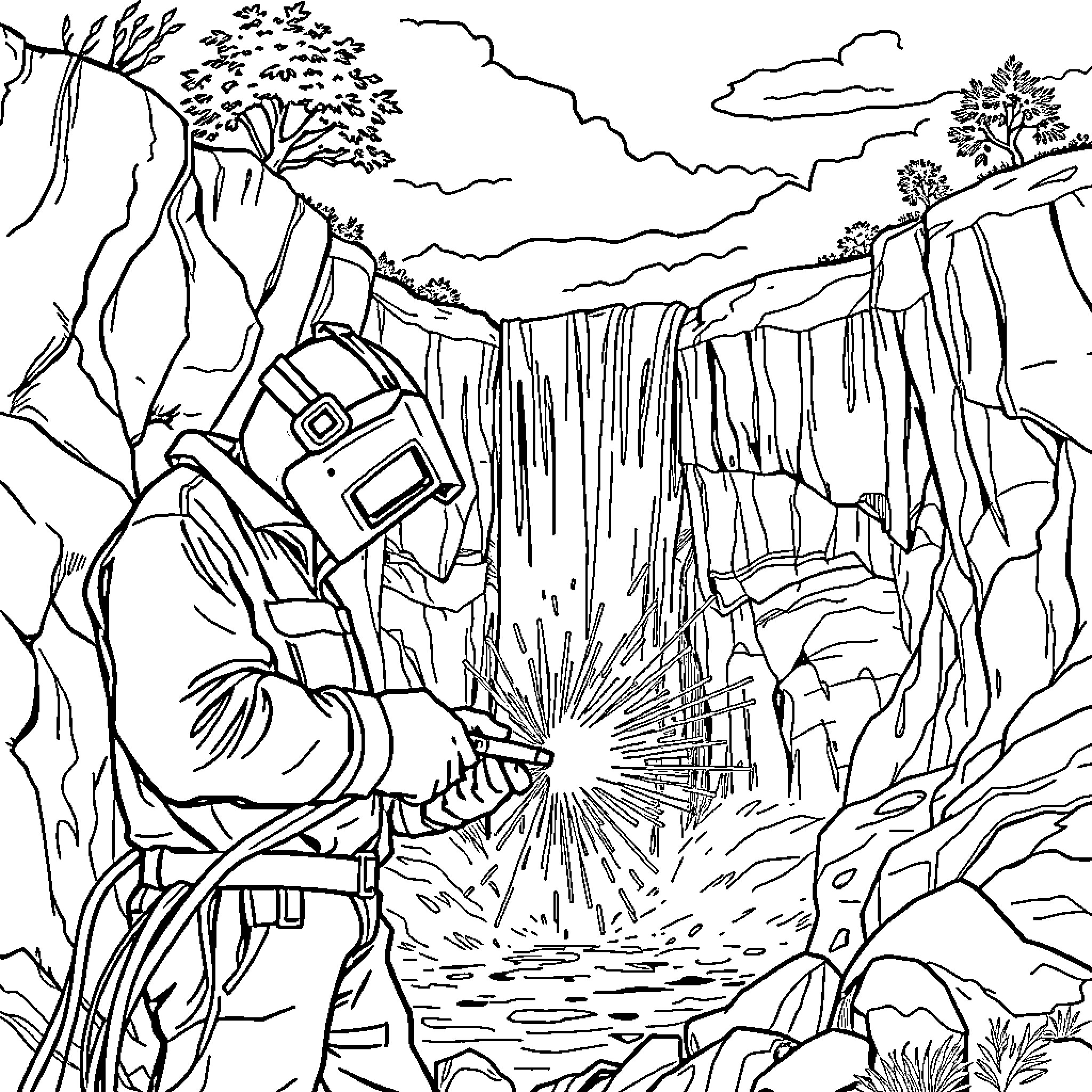 Welder Creating Sparks in Rugged Landscape Coloring Page (free black-and-white line drawing printable PDF for all, from beginners to advanced learners, including children, teens, adults, and seniors)