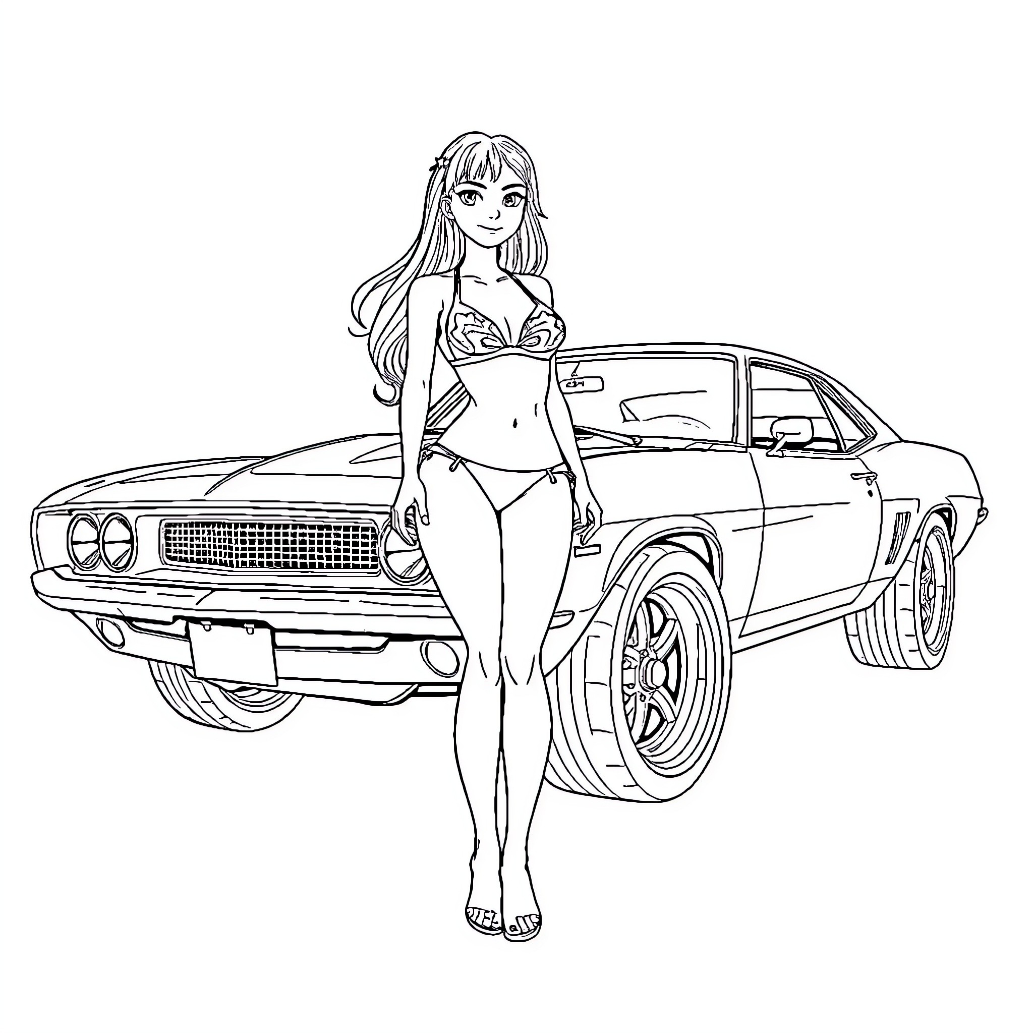 Bikini Girl Posing with Vintage Sports Car Coloring Page (free black-and-white line drawing printable PDF for all, from beginners to advanced learners, including children, teens, adults, and seniors)