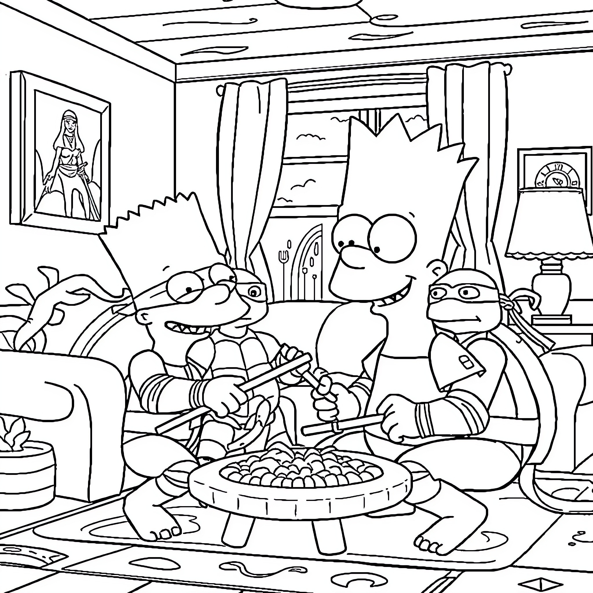 Bart Simpson and friends having fun at home Coloring Page (free black-and-white line drawing printable PDF for all, from beginners to advanced learners, including children, teens, adults, and seniors)