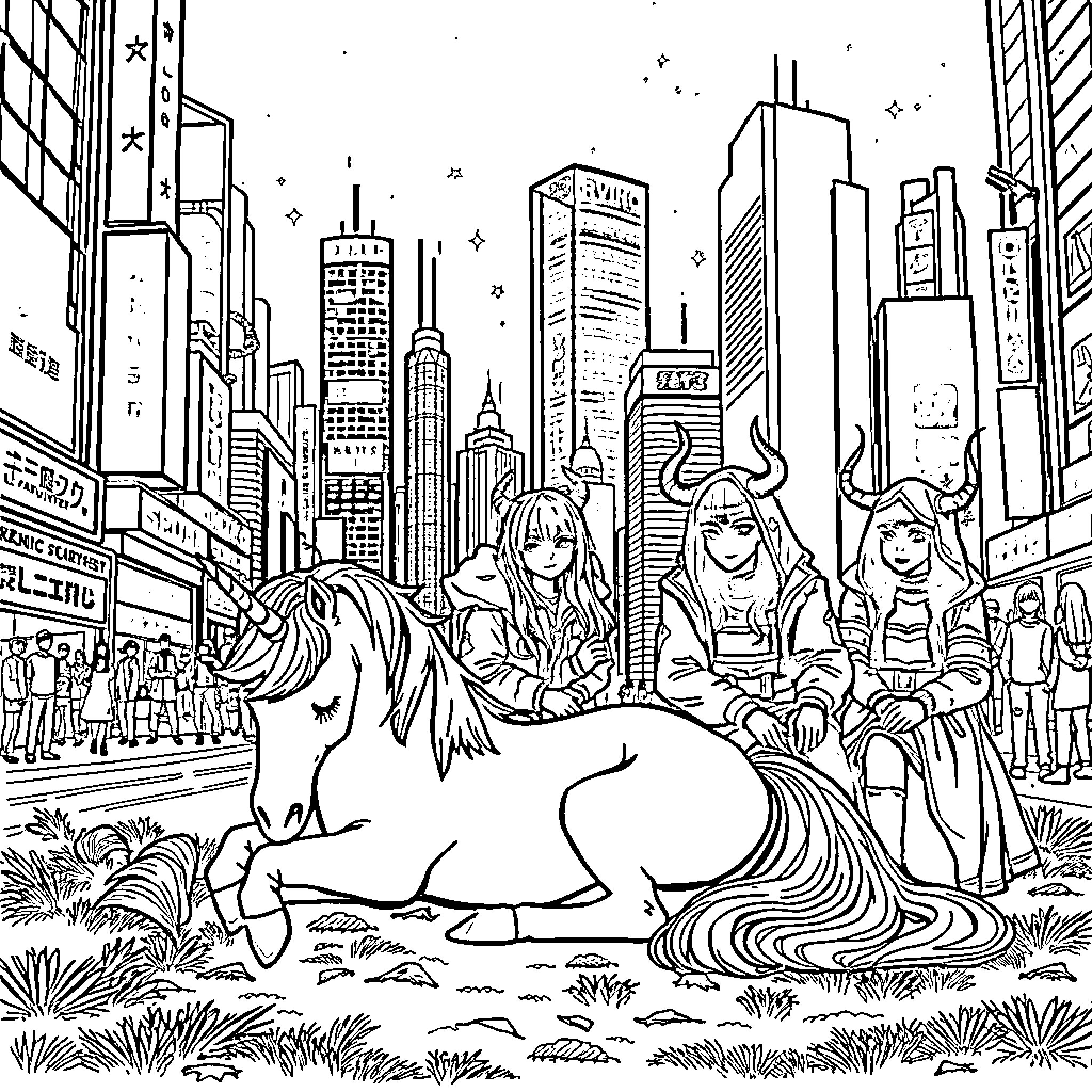 Unicorn Resting in the City Amid People Coloring Page (free black-and-white line drawing printable PDF for all, from beginners to advanced learners, including children, teens, adults, and seniors)