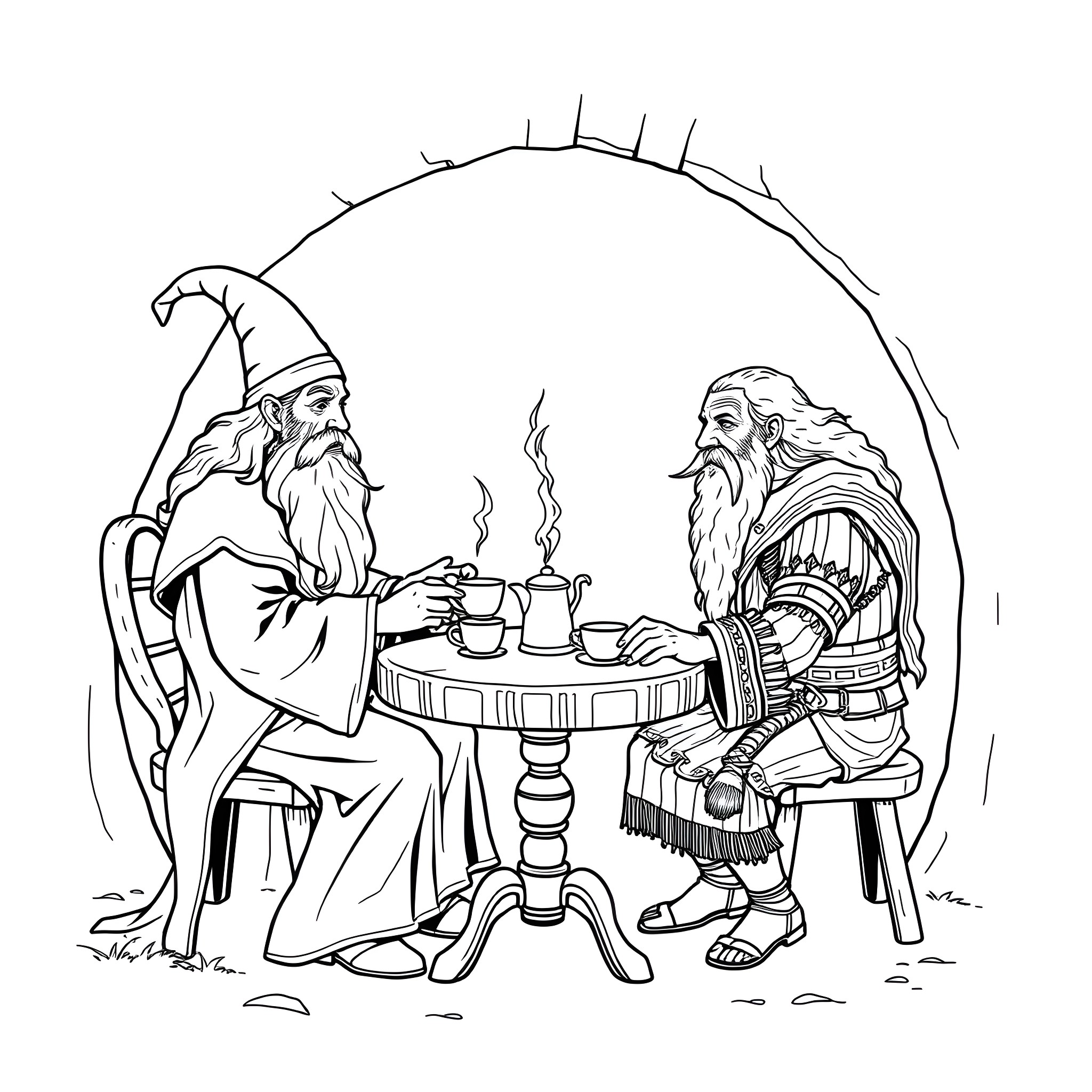 Gandalf and Saruman in deep discussion Coloring Page (free black-and-white line drawing printable PDF for all, from beginners to advanced learners, including children, teens, adults, and seniors)
