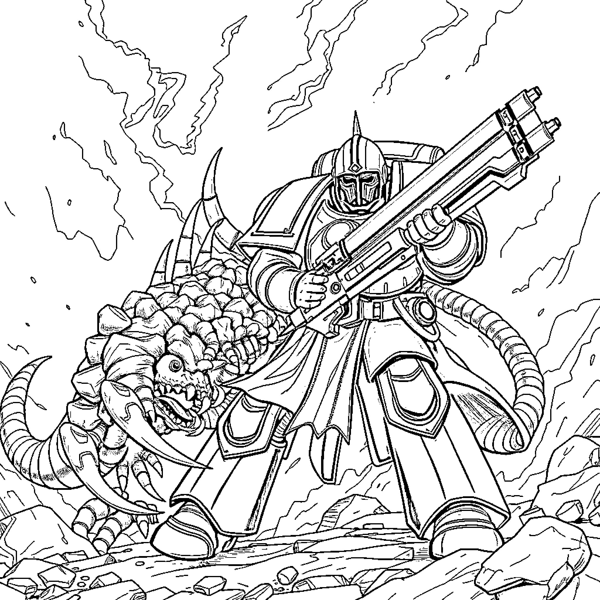 Space Marine battles a monstrous foe in a ruined landscape Coloring Page (free black-and-white line drawing printable PDF for all, from beginners to advanced learners, including children, teens, adults, and seniors)