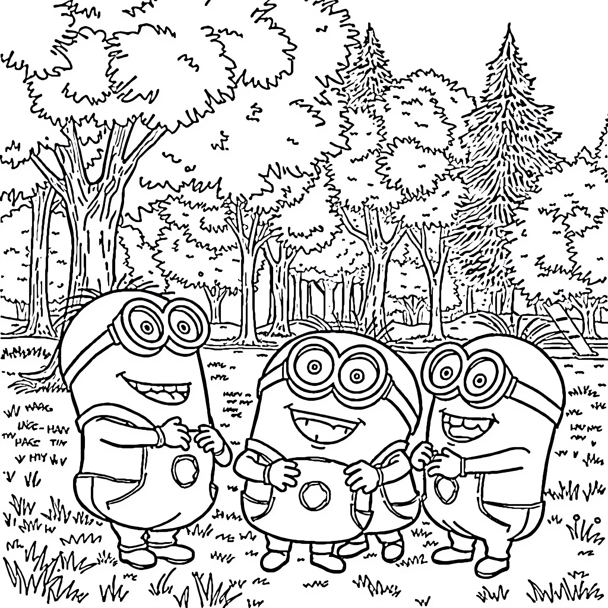 Minions enjoying nature's wonders in the forest Coloring Page (free black-and-white line drawing printable PDF for all, from beginners to advanced learners, including children, teens, adults, and seniors)