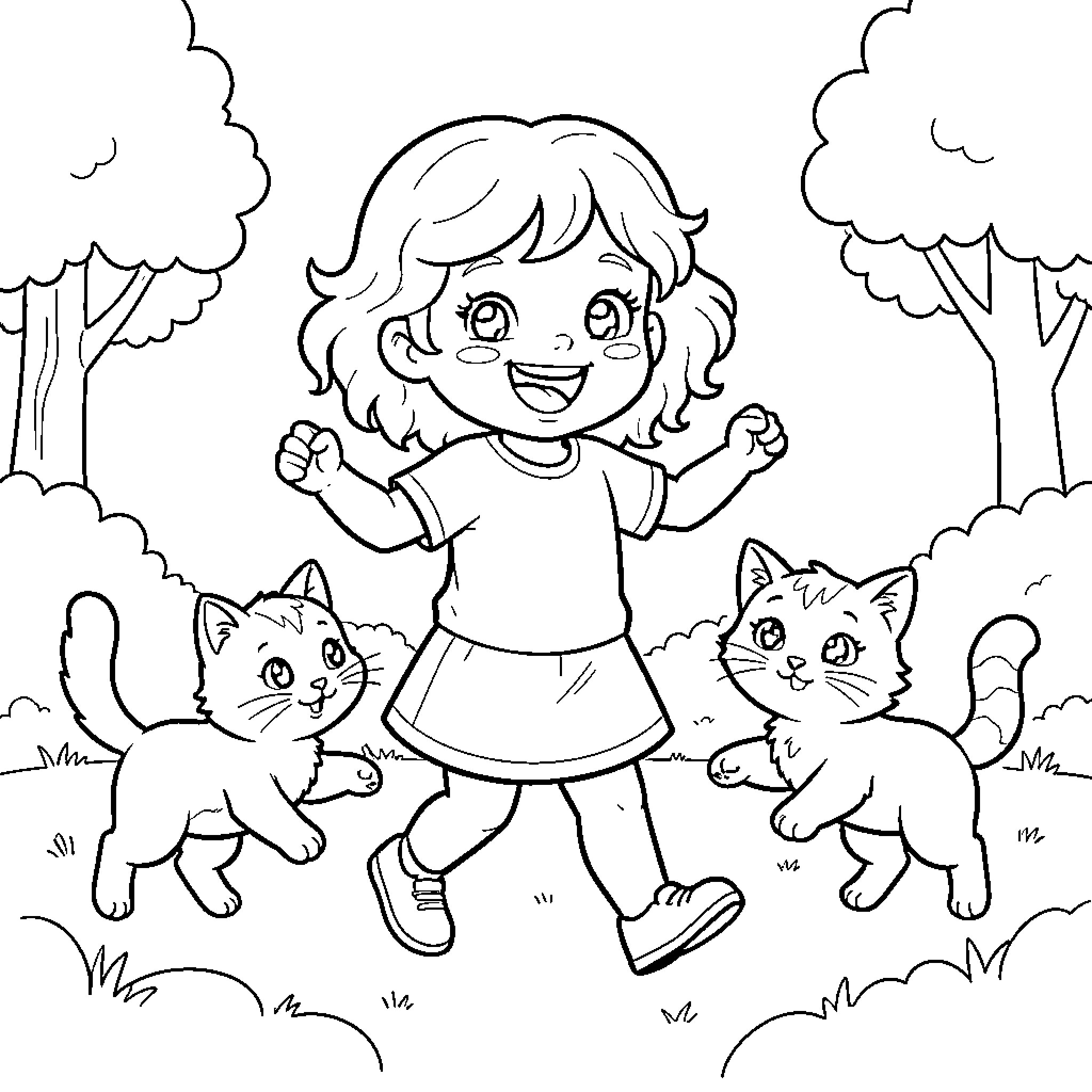 Nina Happily Playing with Kittens in the Park Coloring Page (free black-and-white line drawing printable PDF for all, from beginners to advanced learners, including children, teens, adults, and seniors)