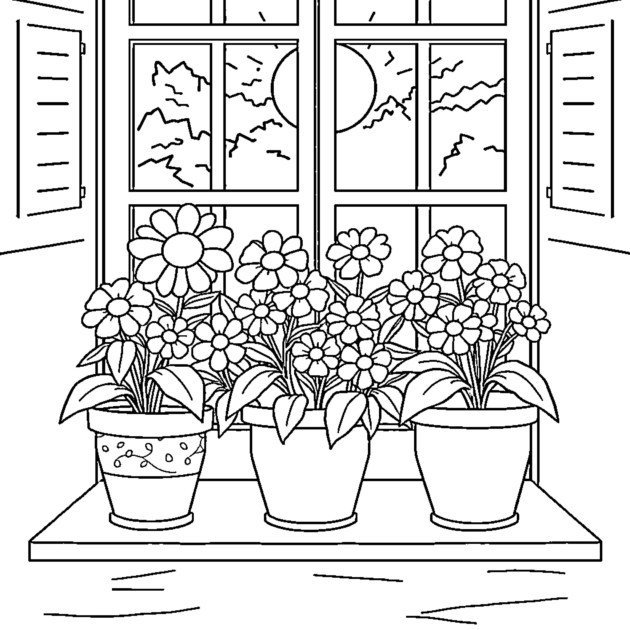 Flower Pots on the Window Ledge Coloring Page (free black-and-white line drawing printable PDF for all, from beginners to advanced learners, including children, teens, adults, and seniors)