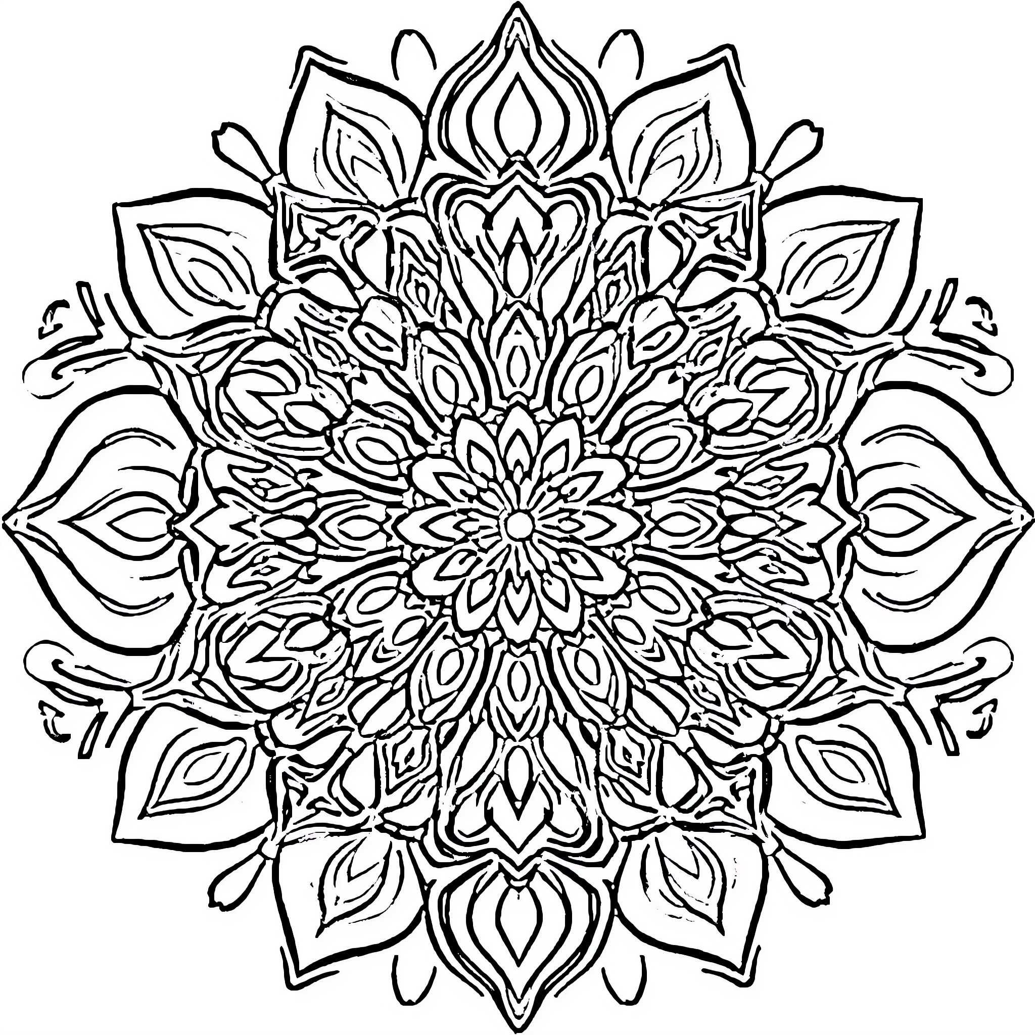 Mandalas of intricate floral patterns Coloring Page (free black-and-white line drawing printable PDF for all, from beginners to advanced learners, including children, teens, adults, and seniors)