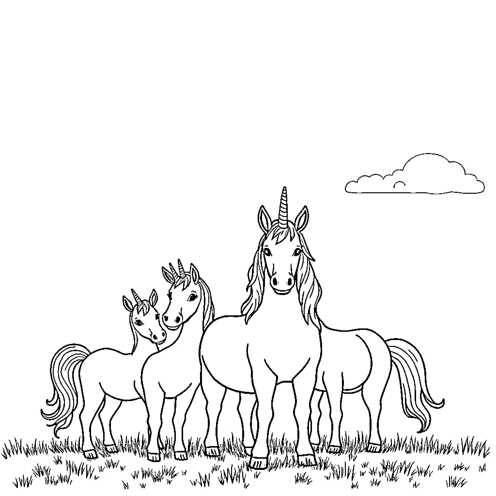 Unicorn family in a grassy field Coloring Page (free black-and-white line drawing printable PDF for all, from beginners to advanced learners, including children, teens, adults, and seniors)