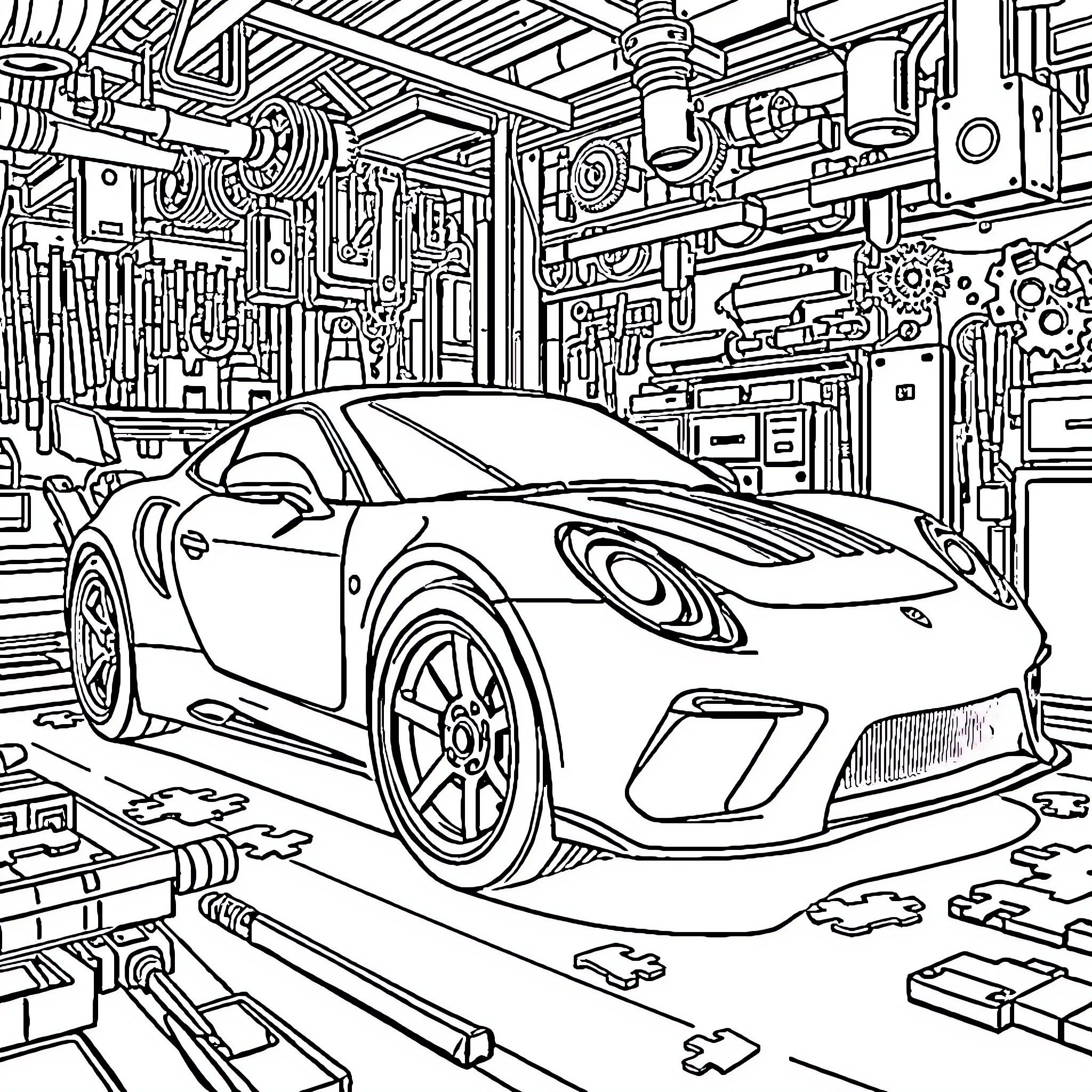 Auto Mechanics' Workshop with Exotic Sports Car Coloring Page (free black-and-white line drawing printable PDF for all, from beginners to advanced learners, including children, teens, adults, and seniors)