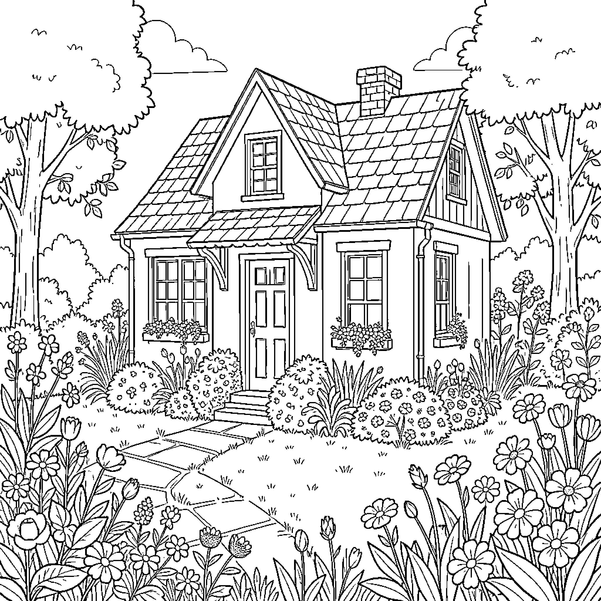 House surrounded by blooming flowers and lush trees Coloring Page (free black-and-white line drawing printable PDF for all, from beginners to advanced learners, including children, teens, adults, and seniors)
