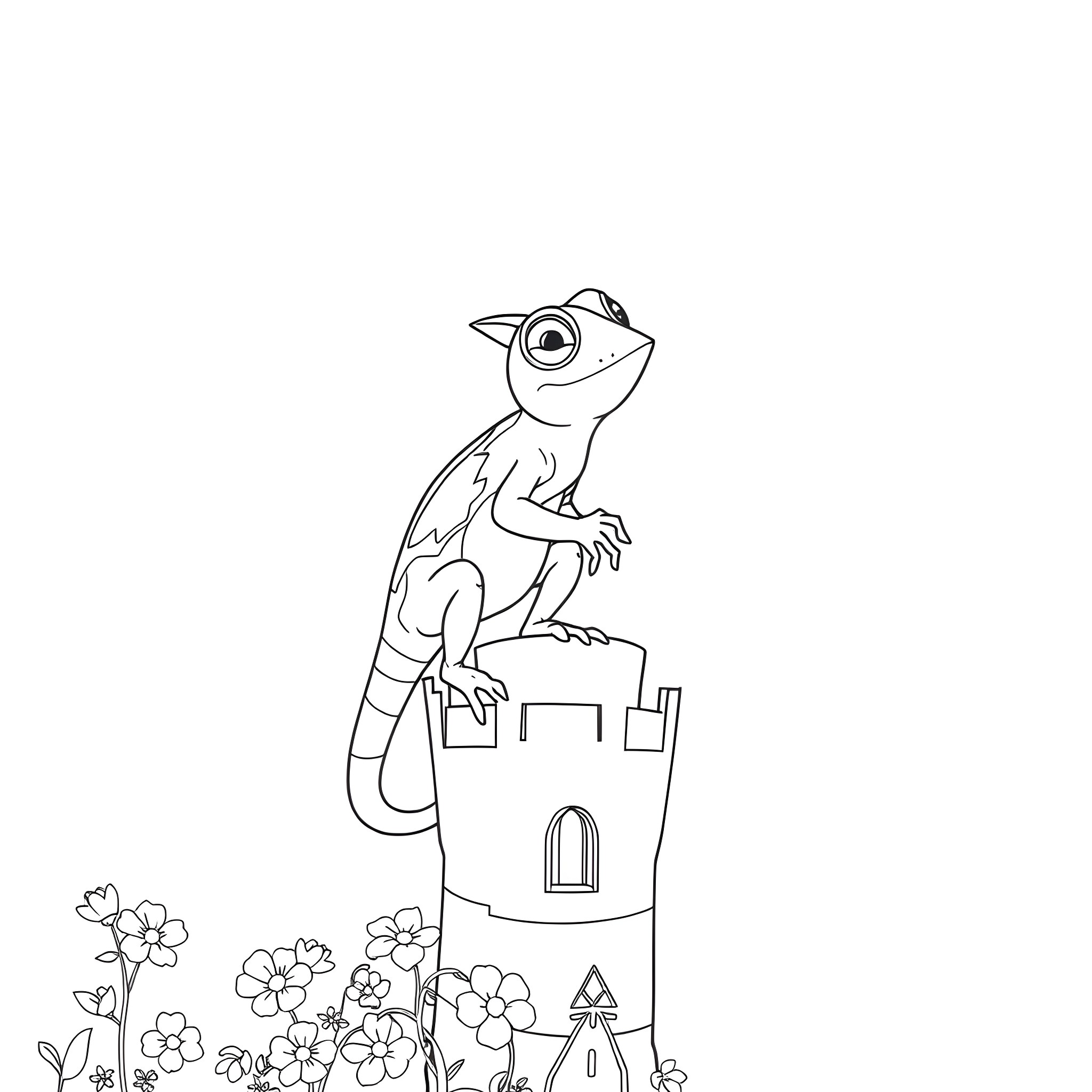 Pascal the Curious Frog on a Sandcastle Adventure Coloring Page (free black-and-white line drawing printable PDF for all, from beginners to advanced learners, including children, teens, adults, and seniors)