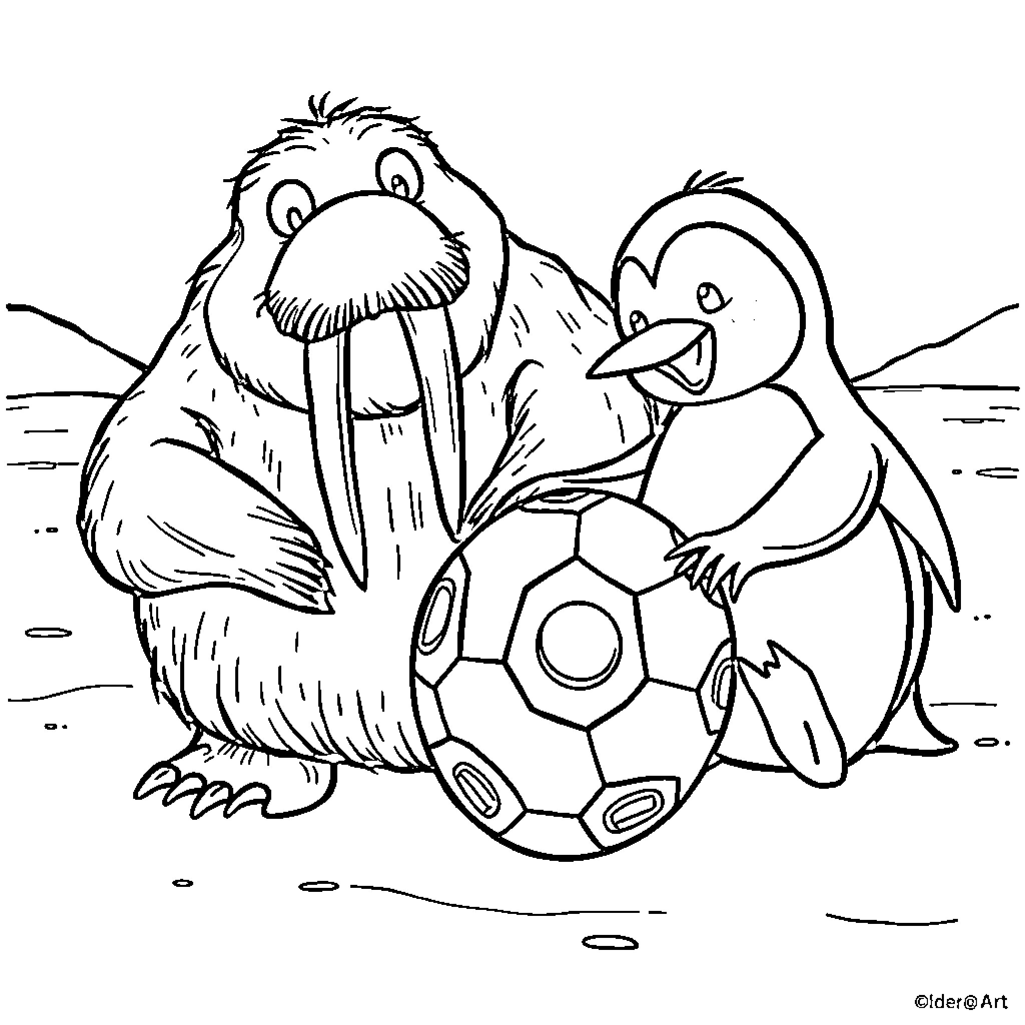 Penguin and walrus playing with soccer ball Coloring Page (free black-and-white line drawing printable PDF for all, from beginners to advanced learners, including children, teens, adults, and seniors)