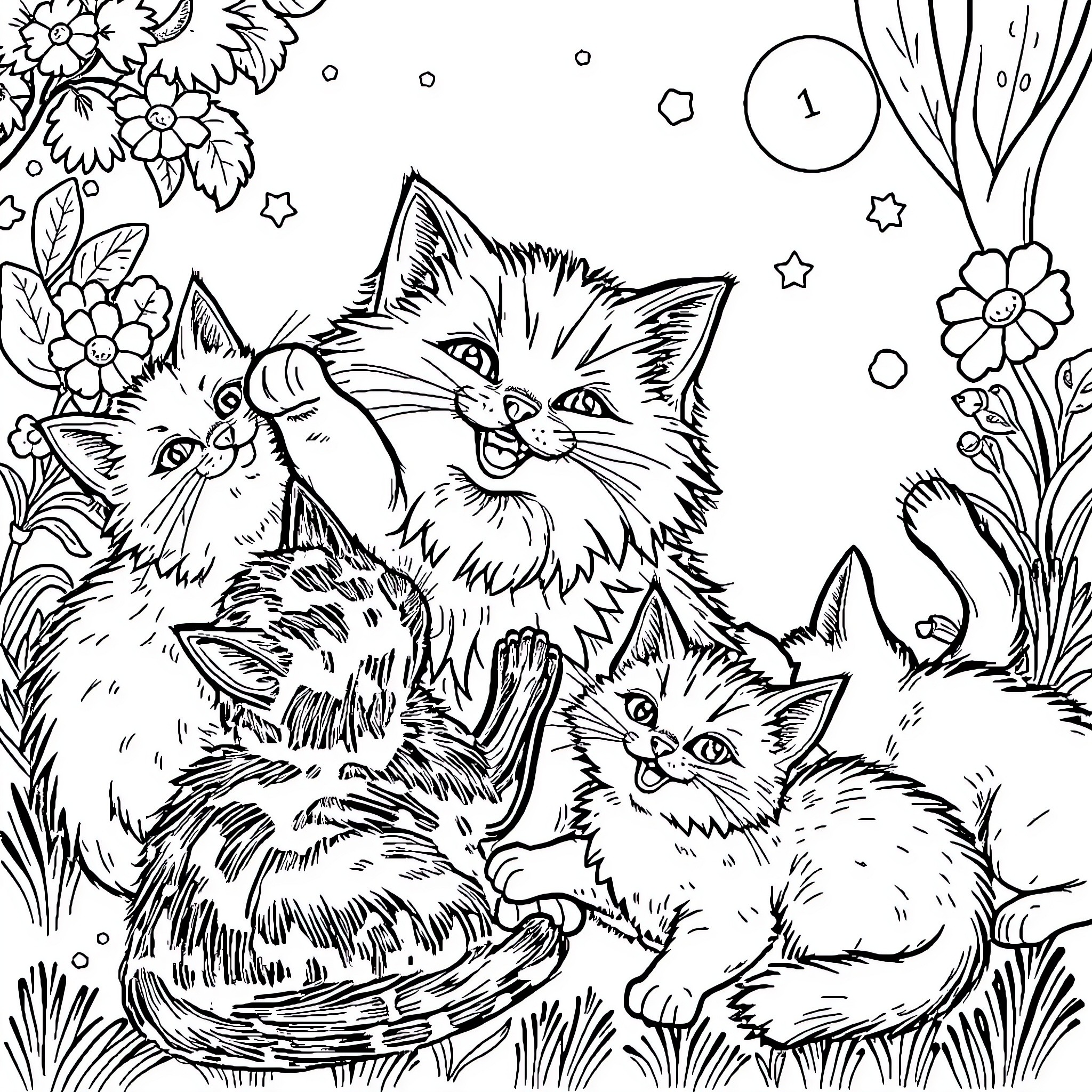 Cat family playing in a floral meadow Coloring Page (free black-and-white line drawing printable PDF for all, from beginners to advanced learners, including children, teens, adults, and seniors)