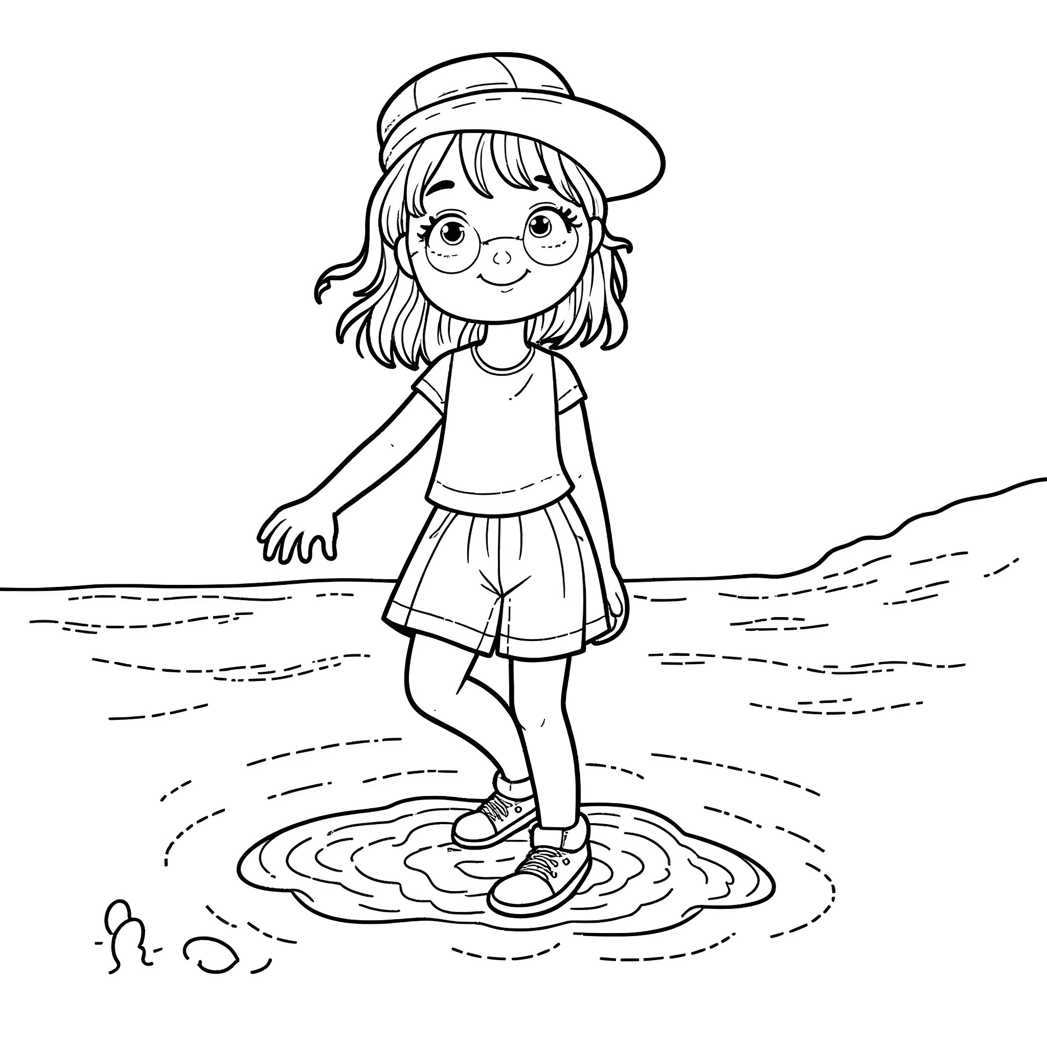 Girl exploring a puddle in the park Coloring Page (free black-and-white line drawing printable PDF for all, from beginners to advanced learners, including children, teens, adults, and seniors)