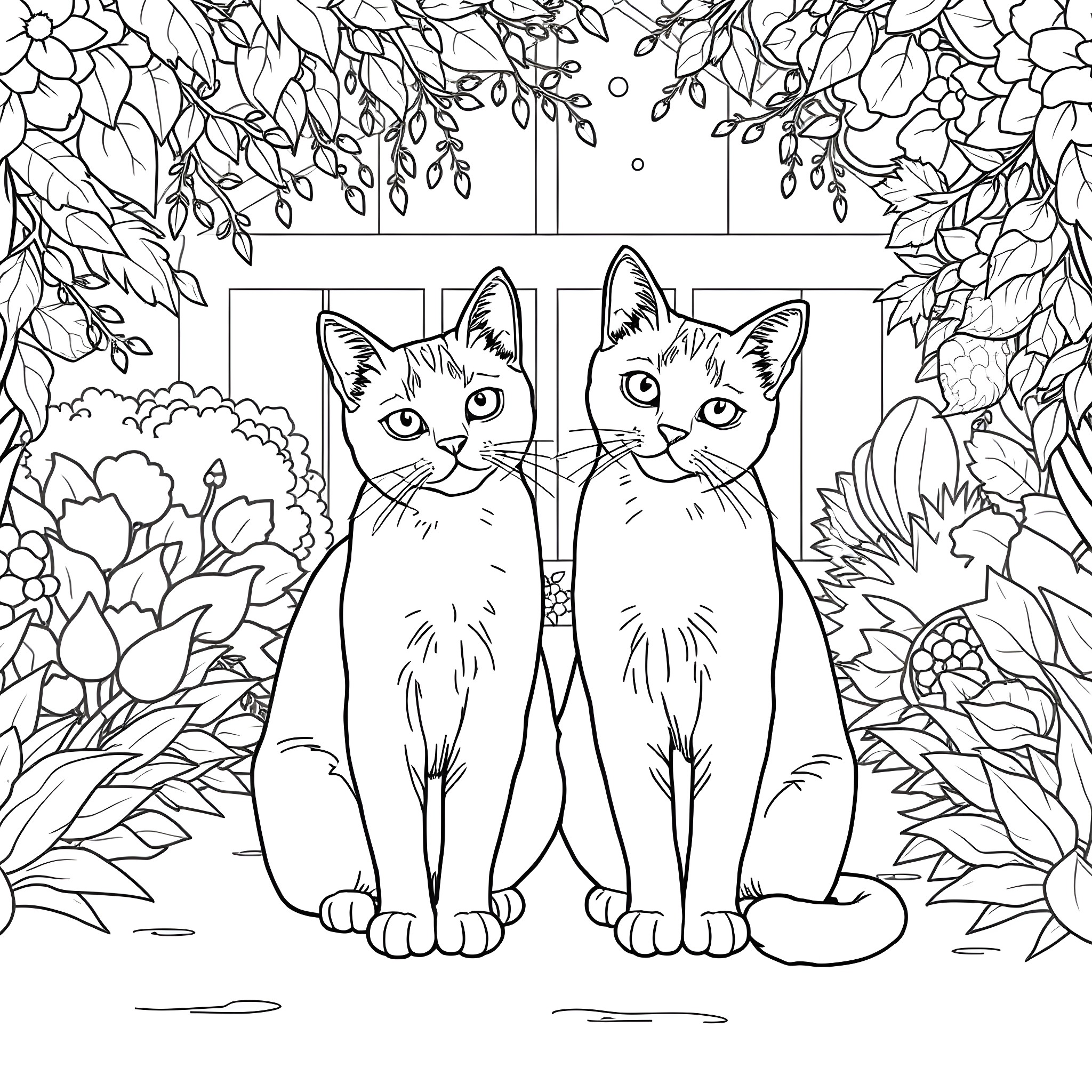 Cat companions in the floral garden Coloring Page (free black-and-white line drawing printable PDF for all, from beginners to advanced learners, including children, teens, adults, and seniors)