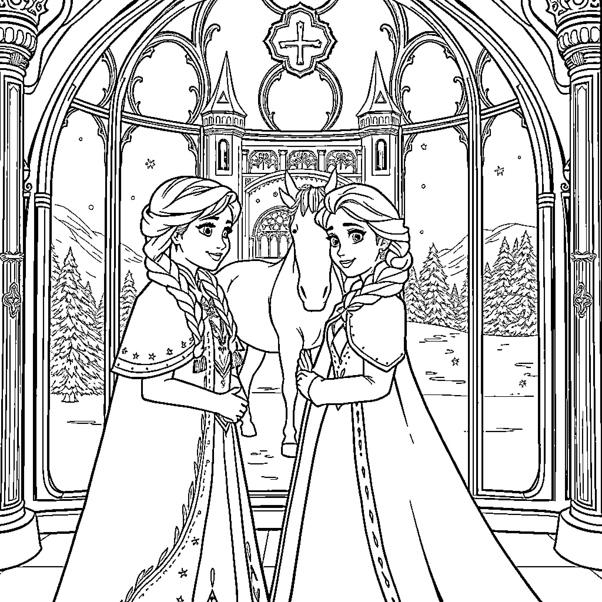 Horse-drawn carriage with princesses in winter landscape Coloring Page (free black-and-white line drawing printable PDF for all, from beginners to advanced learners, including children, teens, adults, and seniors)