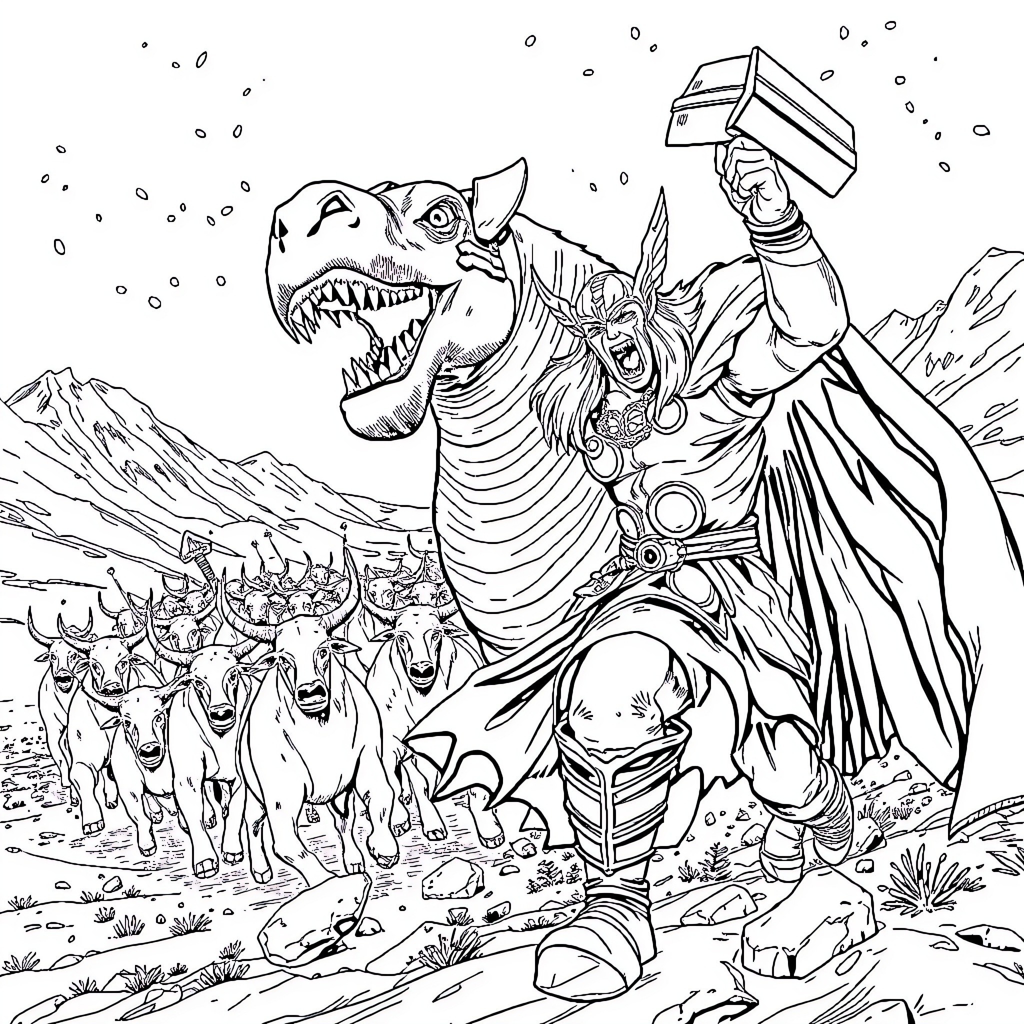 Thor Battles Fearsome Creatures in an Epic Landscape Coloring Page (free black-and-white line drawing printable PDF for all, from beginners to advanced learners, including children, teens, adults, and seniors)