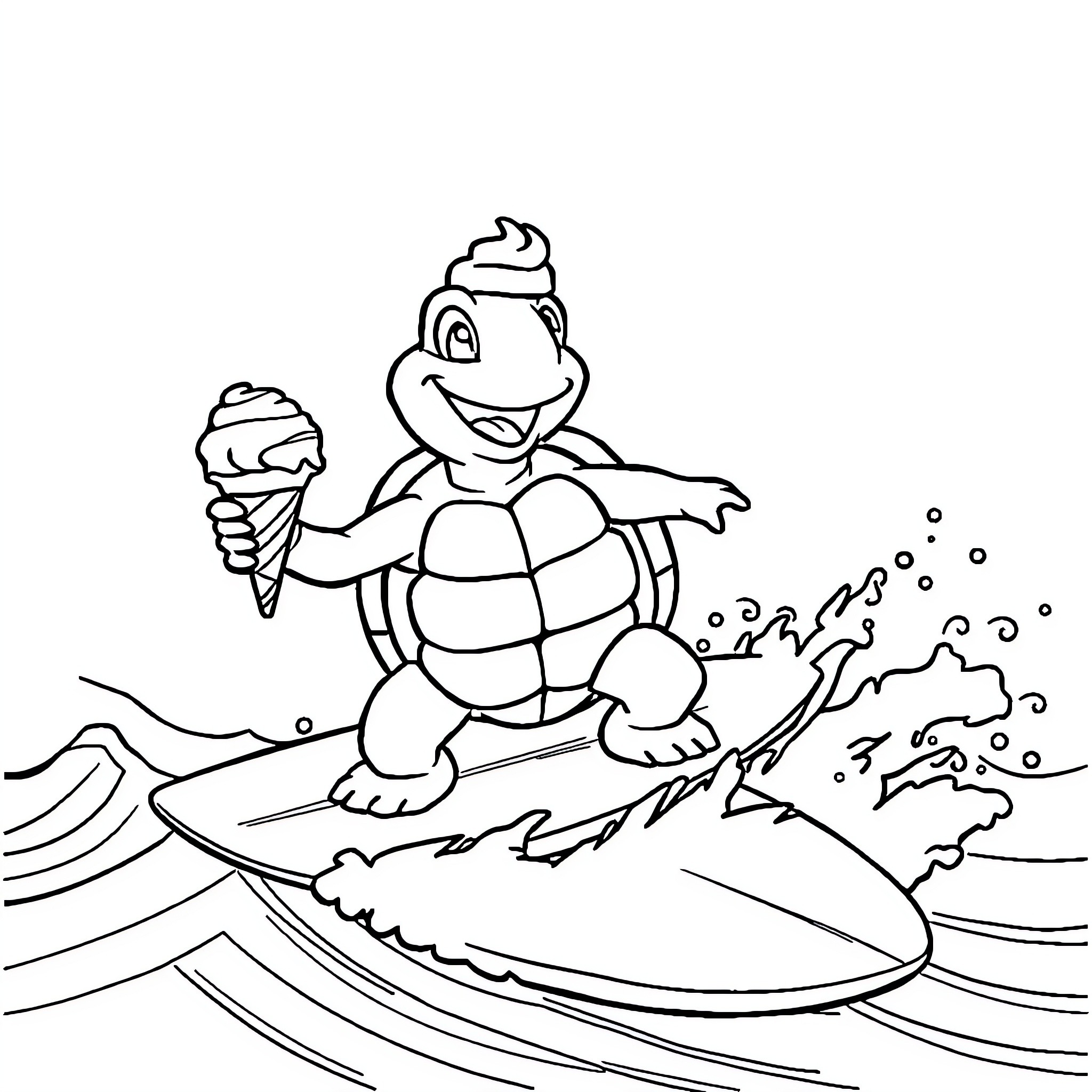 Turtle surfing waves with ice cream Coloring Page (free black-and-white line drawing printable PDF for all, from beginners to advanced learners, including children, teens, adults, and seniors)