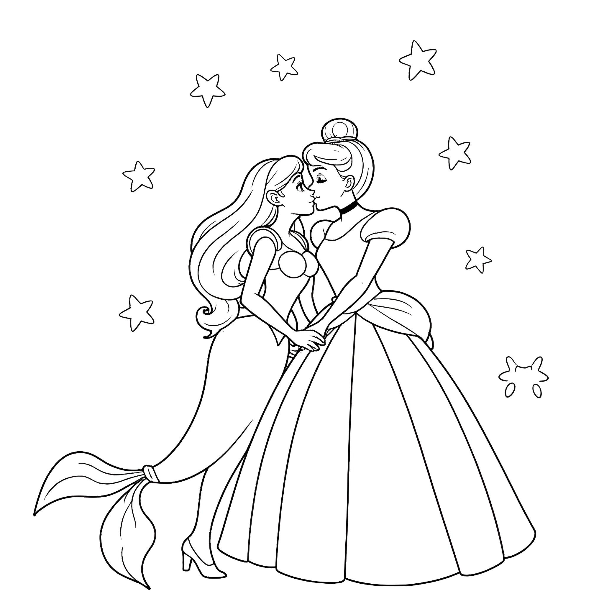 Ariel and Prince Eric's Romantic Embrace under the Starry Sky Coloring Page (free black-and-white line drawing printable PDF for all, from beginners to advanced learners, including children, teens, adults, and seniors)
