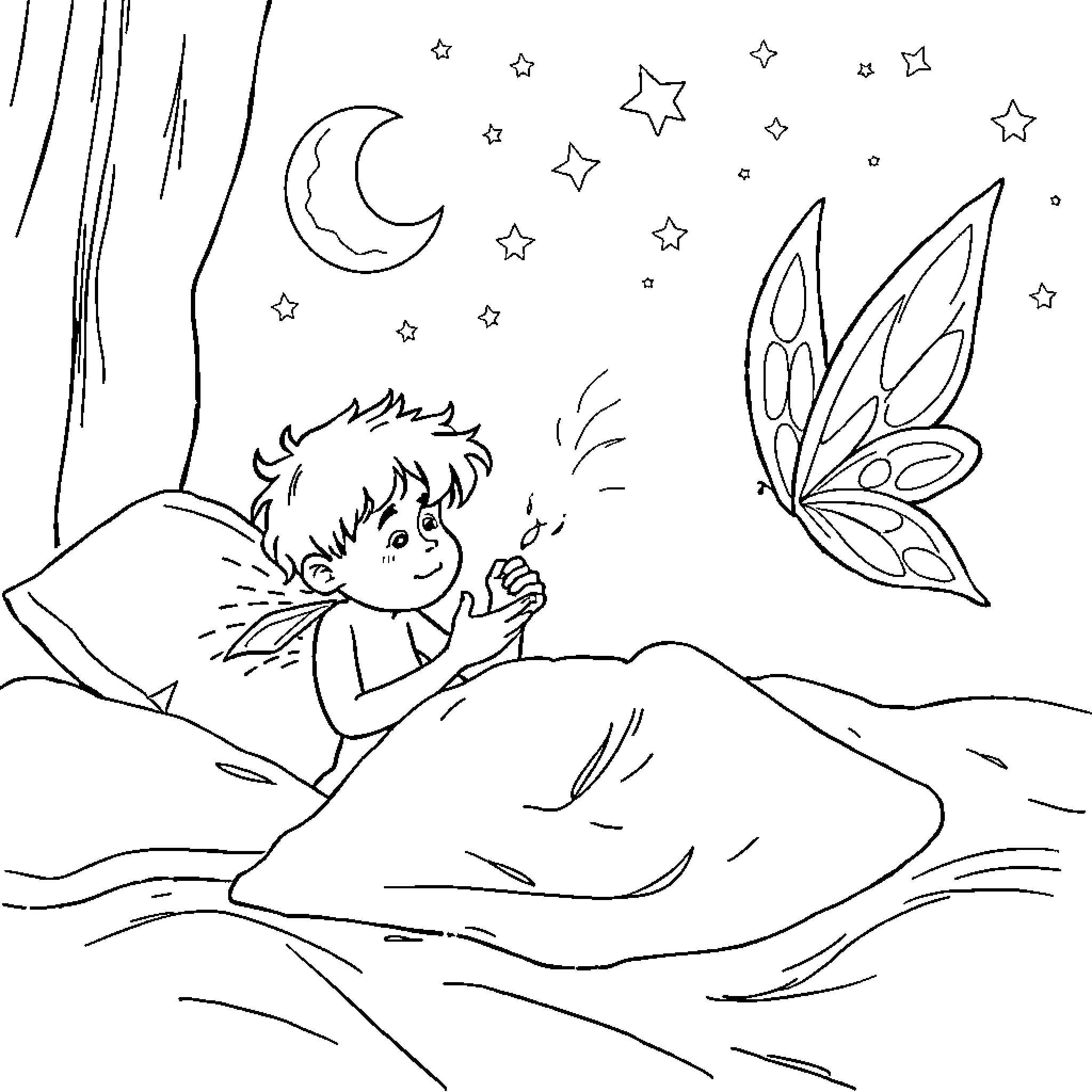Tooth Fairy visits sleeping child under starry night Coloring Page (free black-and-white line drawing printable PDF for all, from beginners to advanced learners, including children, teens, adults, and seniors)