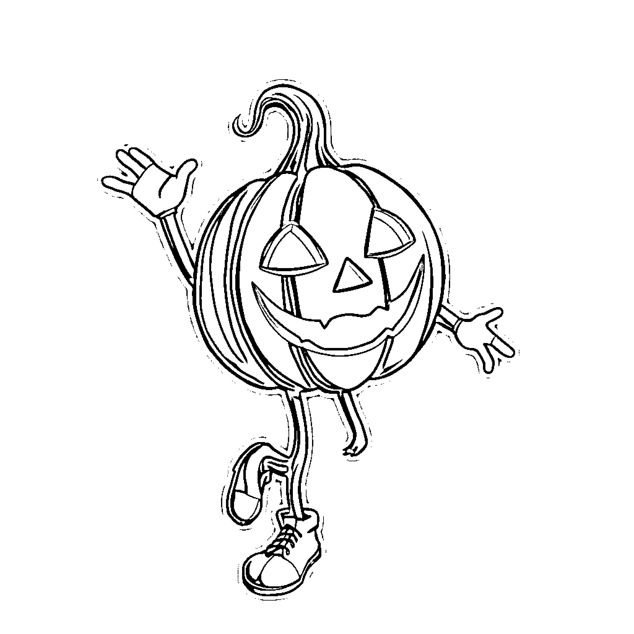 Jack-o'-lantern dancing and waving happily Coloring Page (free black-and-white line drawing printable PDF for all, from beginners to advanced learners, including children, teens, adults, and seniors)