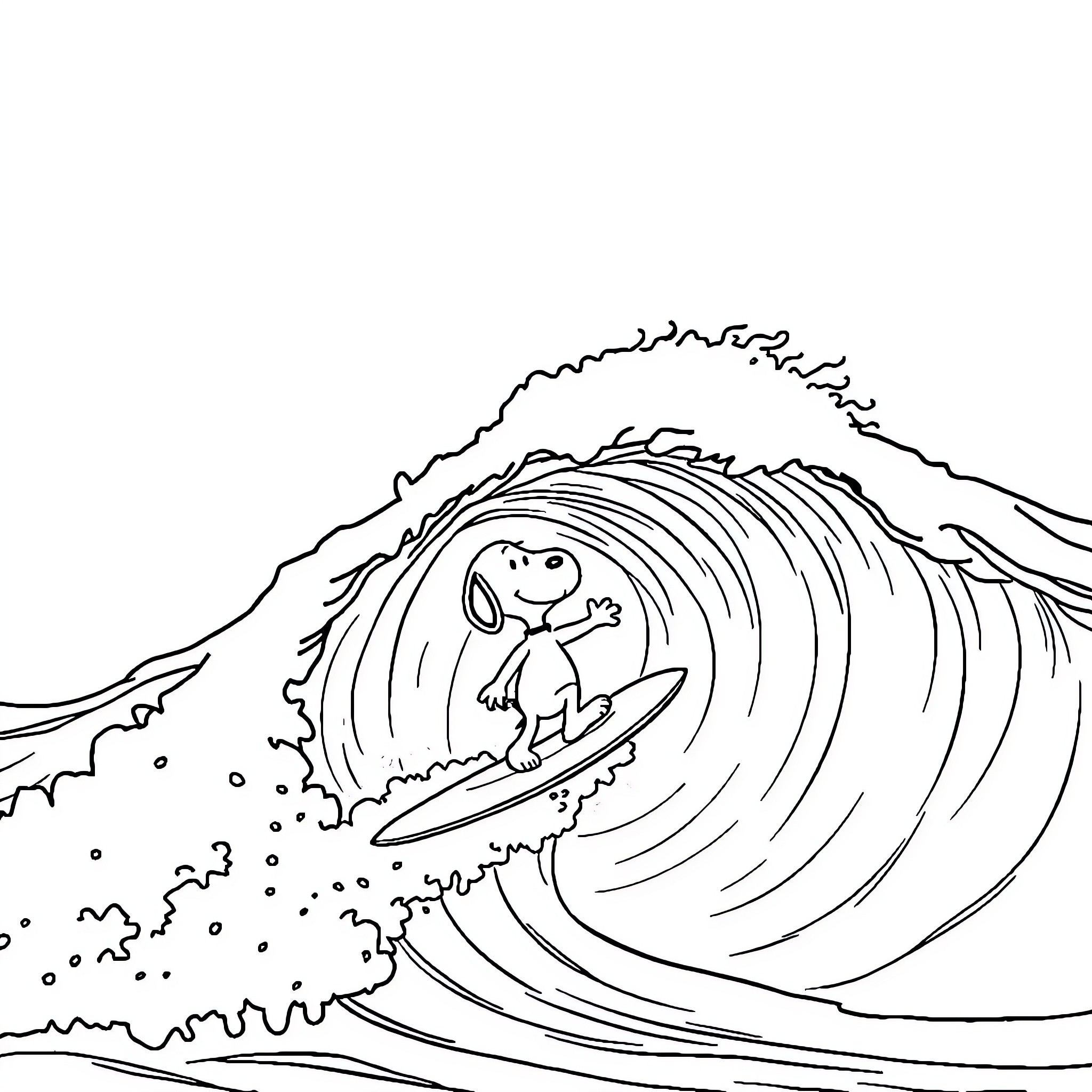 Snoopy surfing a giant wave Coloring Page (free black-and-white line drawing printable PDF for all, from beginners to advanced learners, including children, teens, adults, and seniors)