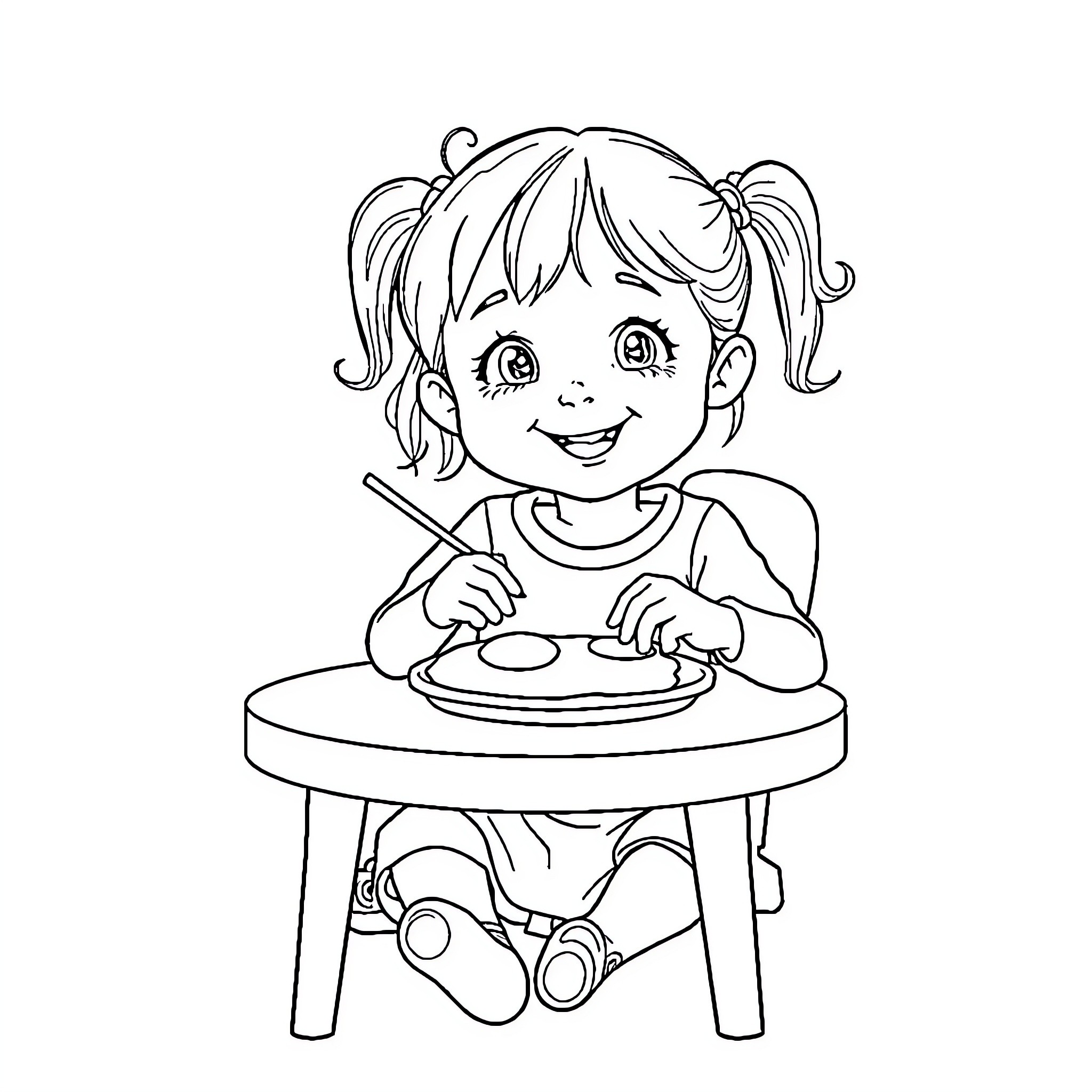 Girl eating happily at the table Coloring Page (free black-and-white line drawing printable PDF for all, from beginners to advanced learners, including children, teens, adults, and seniors)