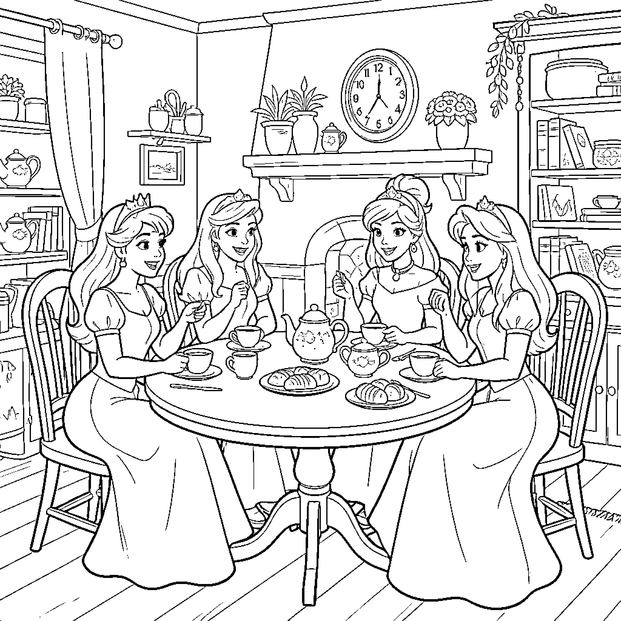 Disney Princesses enjoying tea time together at a table Coloring Page (free black-and-white line drawing printable PDF for all, from beginners to advanced learners, including children, teens, adults, and seniors)