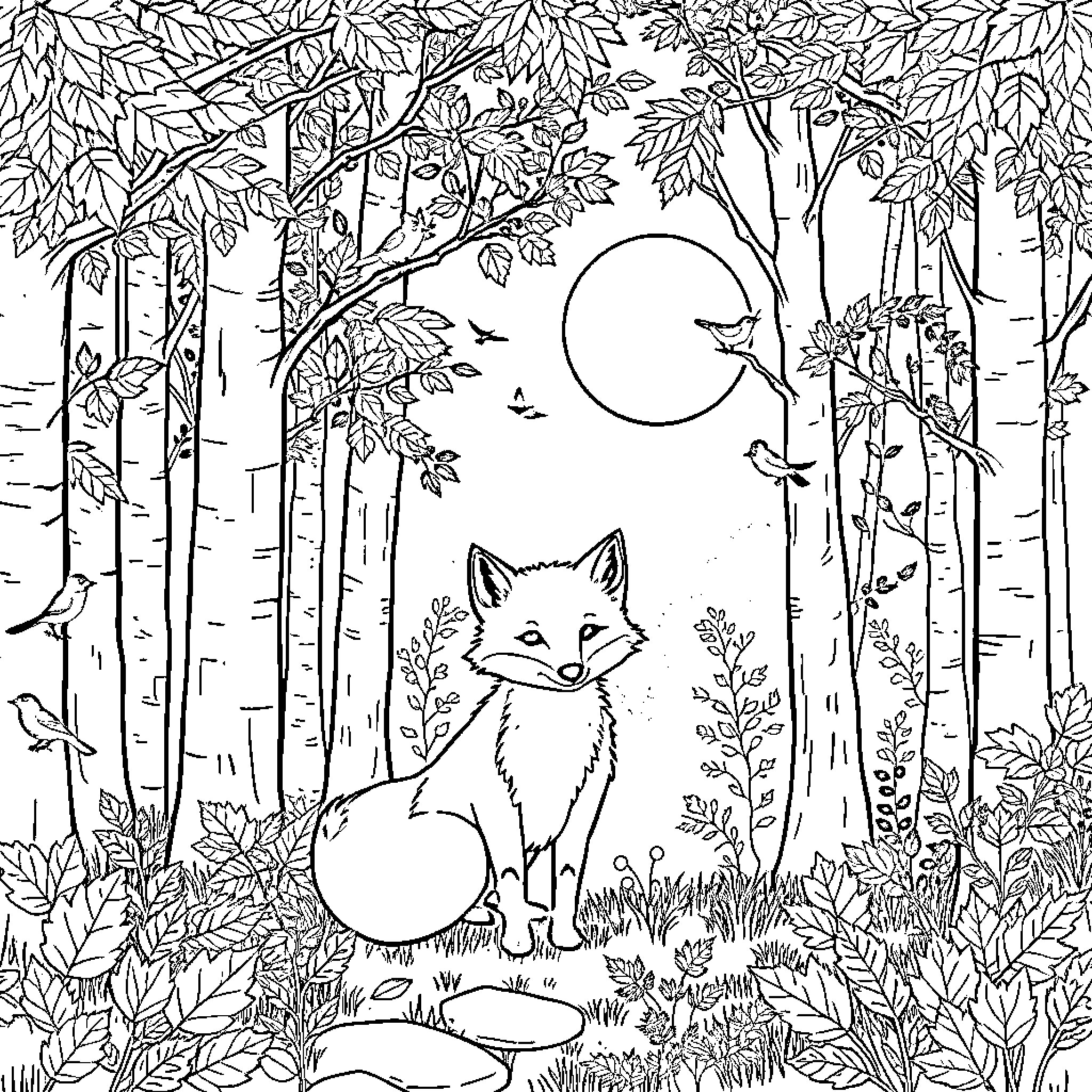 Fox resting in the enchanted forest Coloring Page (free black-and-white line drawing printable PDF for all, from beginners to advanced learners, including children, teens, adults, and seniors)