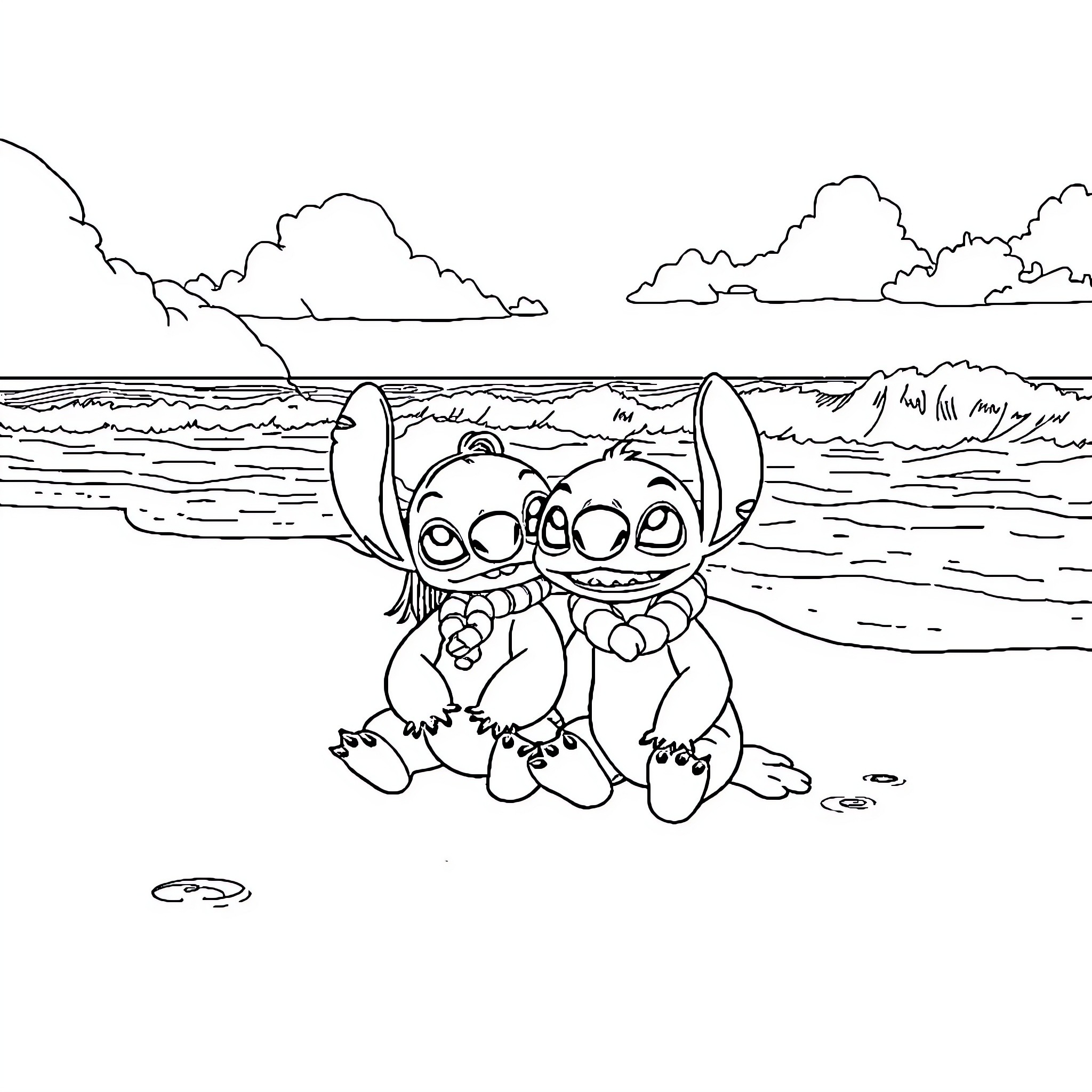 Lilo playing with a curious creature on the beach Coloring Page (free black-and-white line drawing printable PDF for all, from beginners to advanced learners, including children, teens, adults, and seniors)
