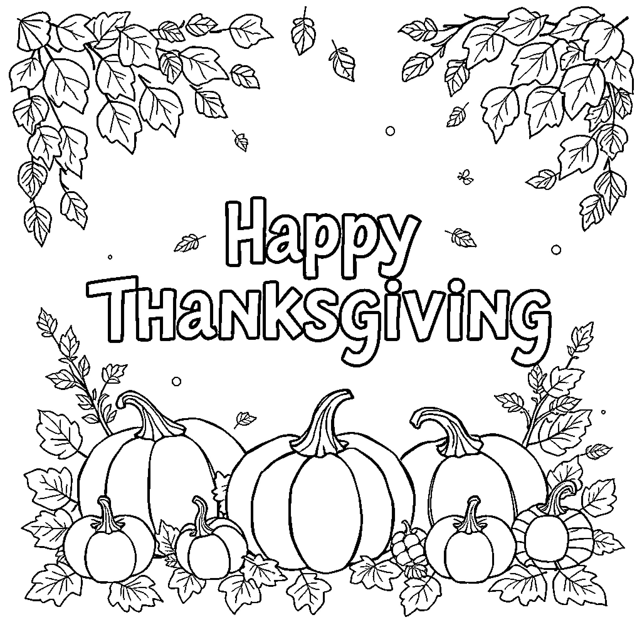 Thanksgiving scene with pumpkins and leaves Coloring Page (free black-and-white line drawing printable PDF for all, from beginners to advanced learners, including children, teens, adults, and seniors)