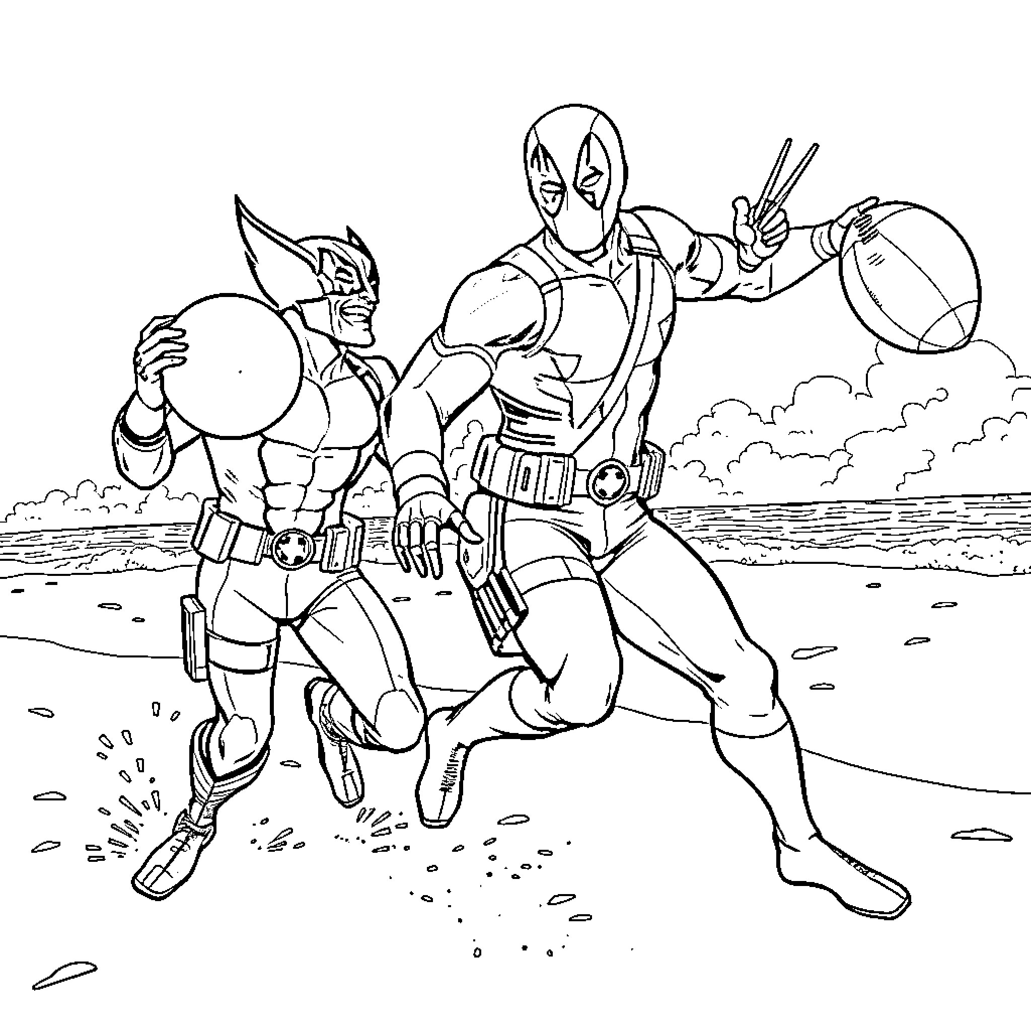 Wolverine and Deadpool on a Heroic Adventure Coloring Page (free black-and-white line drawing printable PDF for all, from beginners to advanced learners, including children, teens, adults, and seniors)