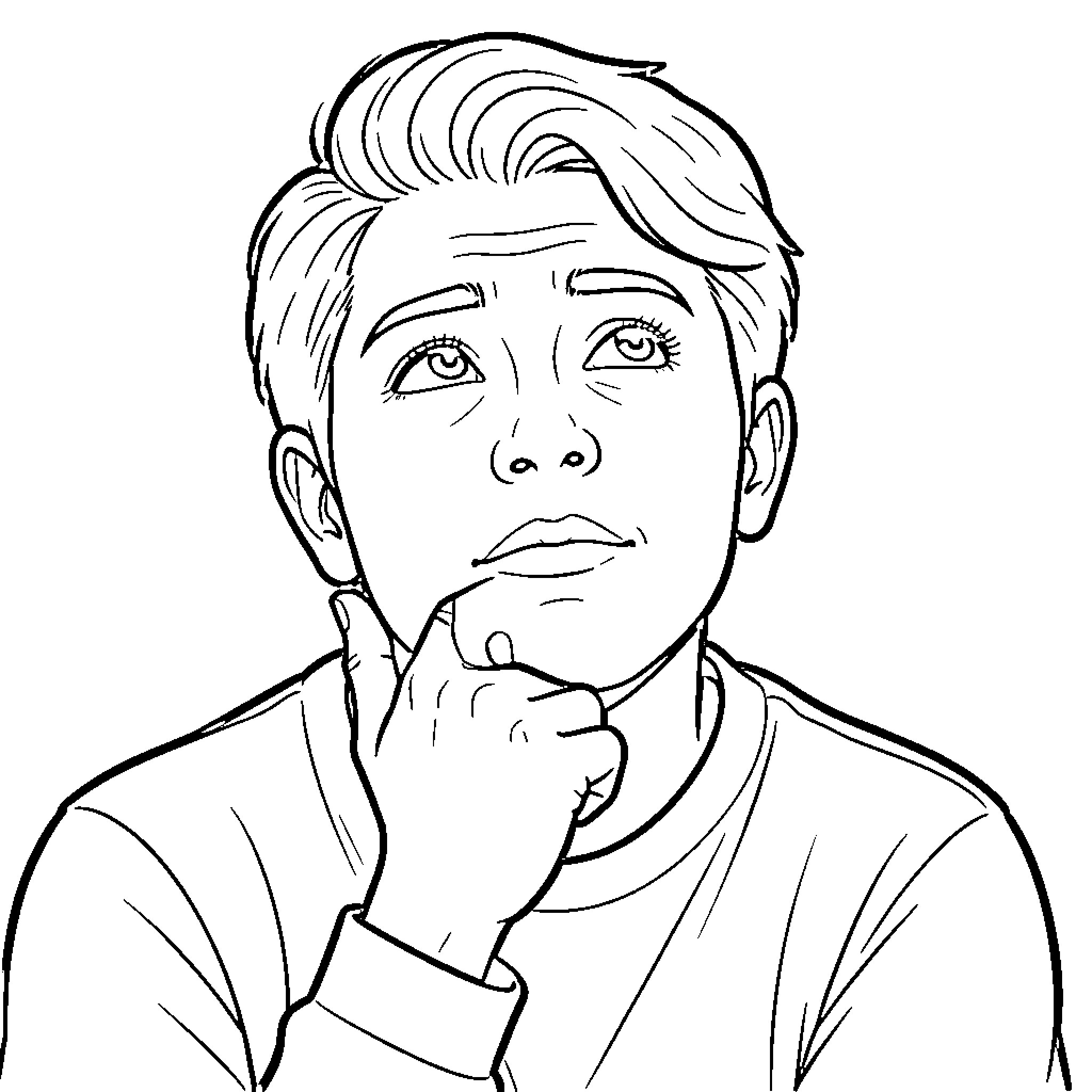 Person contemplating with a thoughtful expression Coloring Page (free black-and-white line drawing printable PDF for all, from beginners to advanced learners, including children, teens, adults, and seniors)