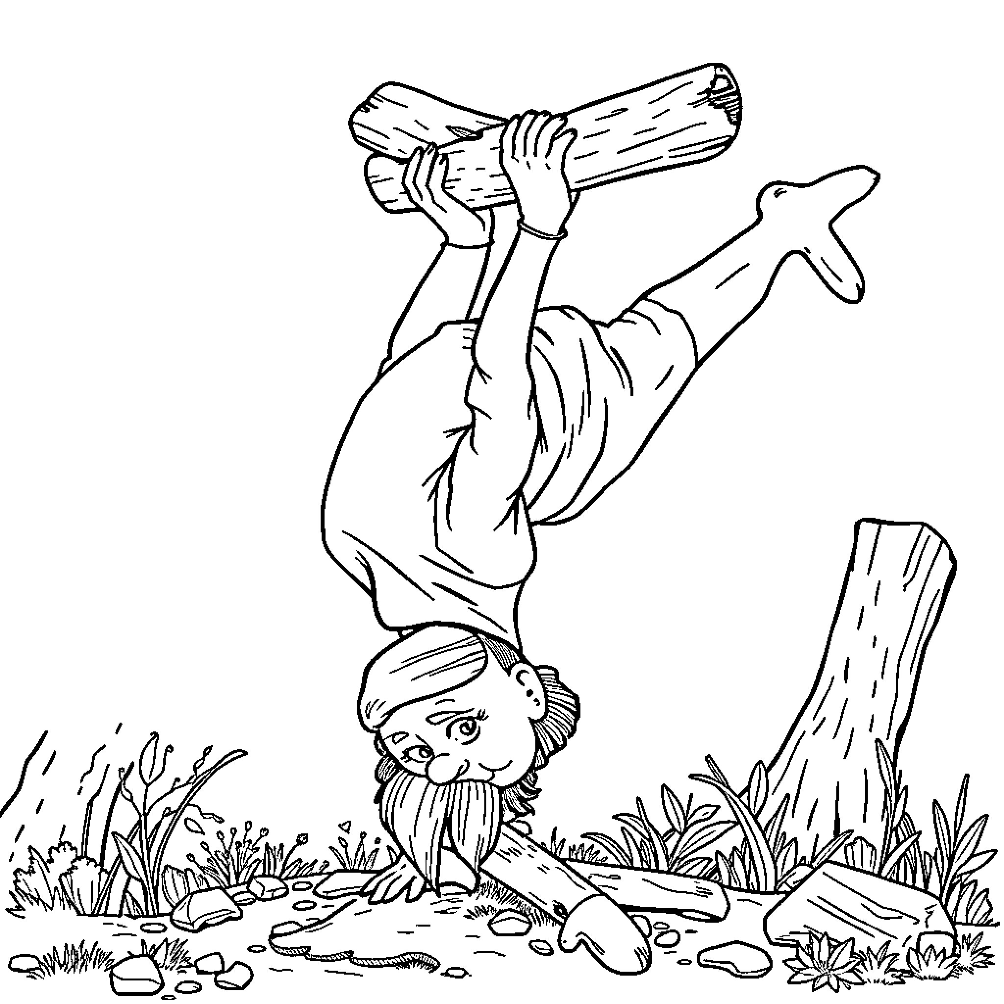 Woman hangs upside down on a tree trunk Coloring Page (free black-and-white line drawing printable PDF for all, from beginners to advanced learners, including children, teens, adults, and seniors)