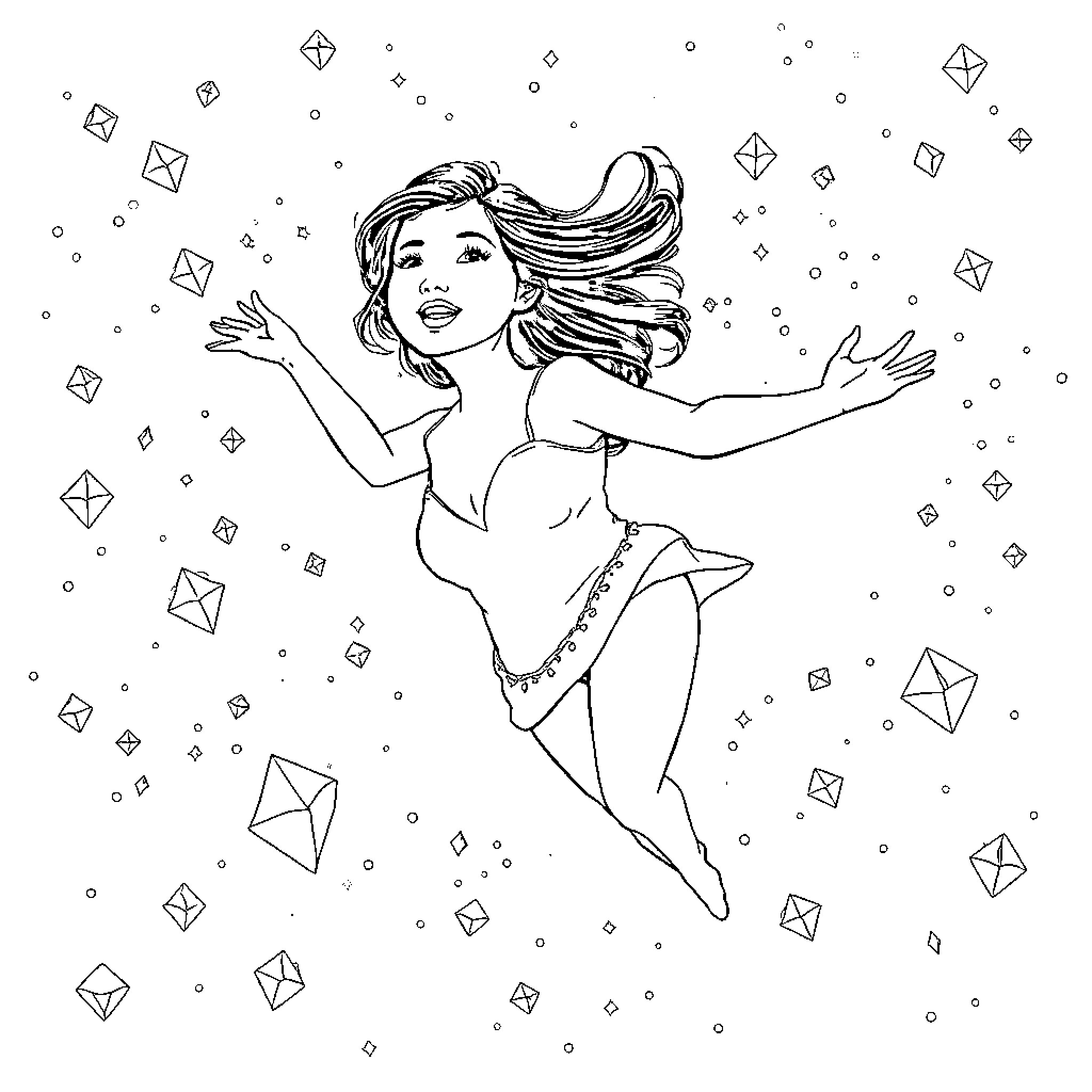 Lucy Liu dancing amidst a flurry of geometric shapes Coloring Page (free black-and-white line drawing printable PDF for all, from beginners to advanced learners, including children, teens, adults, and seniors)