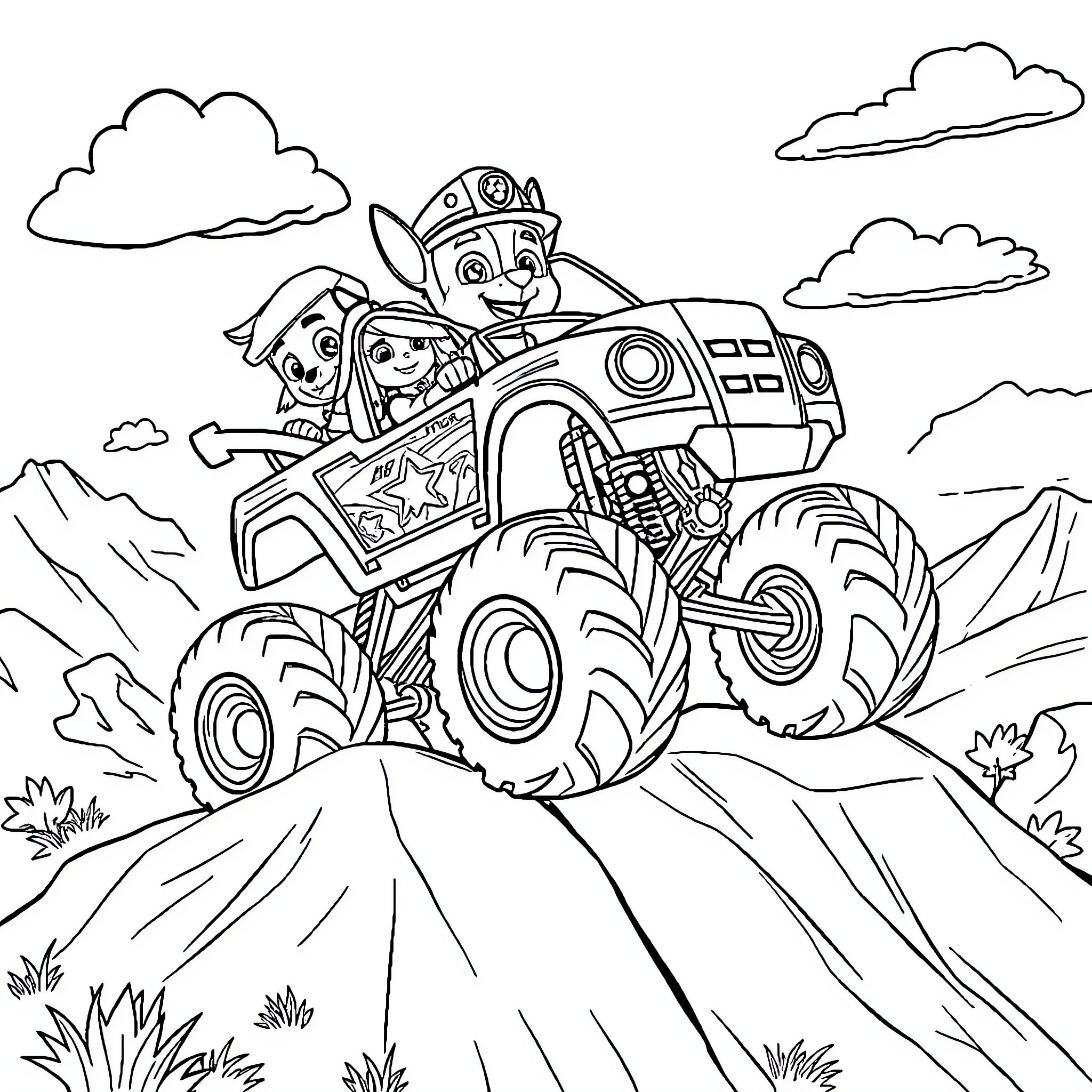 Paw Patrol Monster Truck Adventure Coloring Page (free black-and-white line drawing printable PDF for all, from beginners to advanced learners, including children, teens, adults, and seniors)