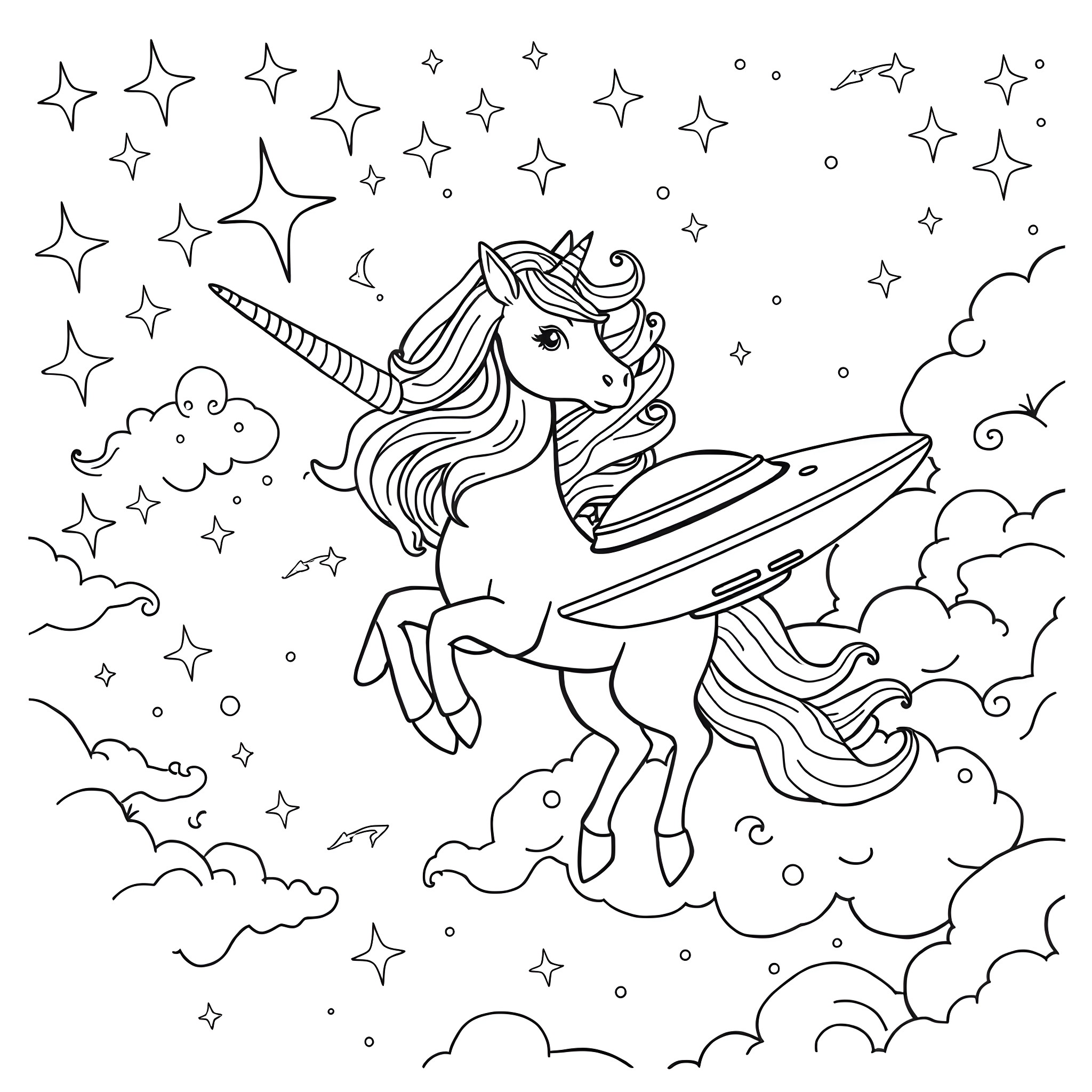Unicorn soaring through a magical starry sky Coloring Page (free black-and-white line drawing printable PDF for all, from beginners to advanced learners, including children, teens, adults, and seniors)