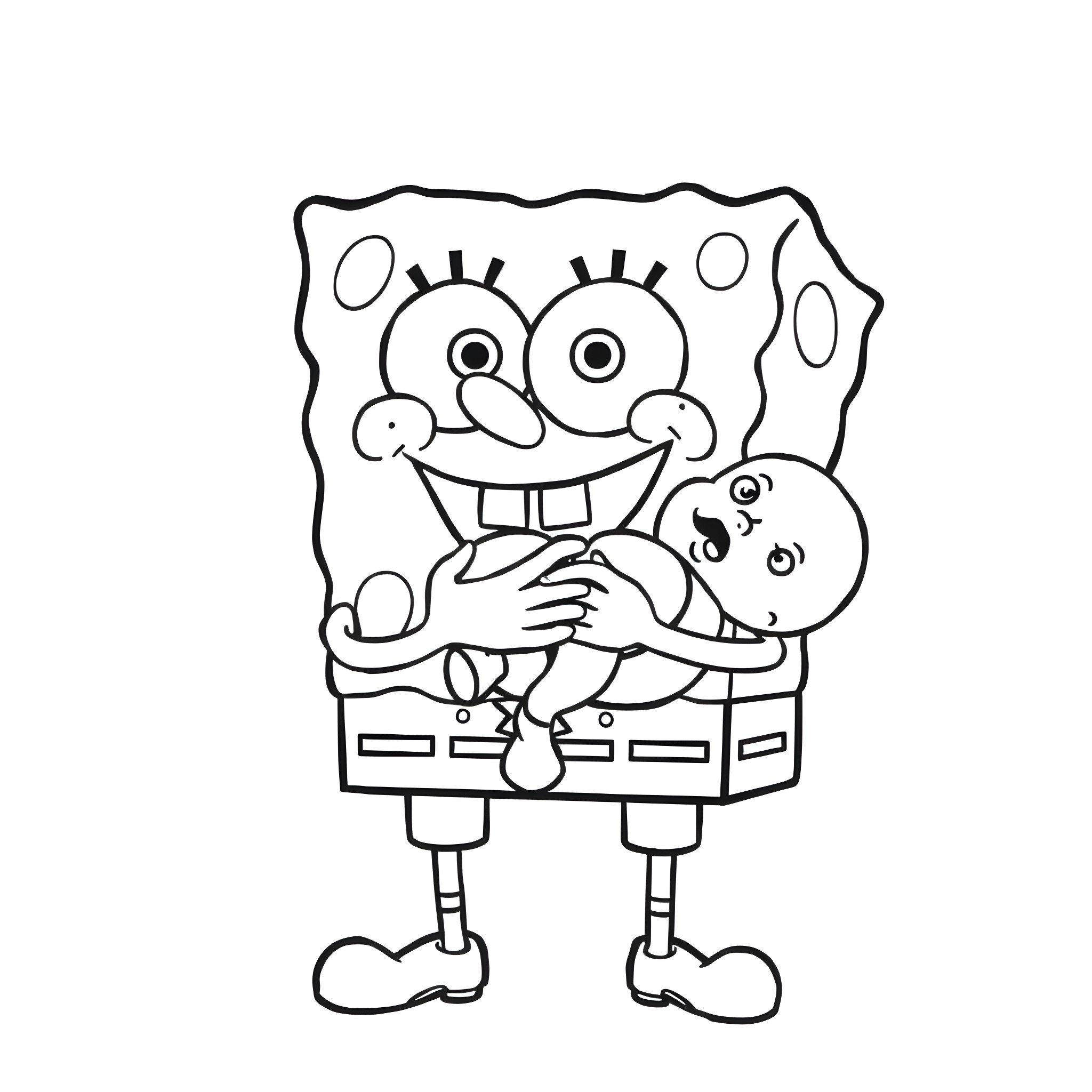 Spongebob holding a baby in a happy expression Coloring Page (free black-and-white line drawing printable PDF for all, from beginners to advanced learners, including children, teens, adults, and seniors)