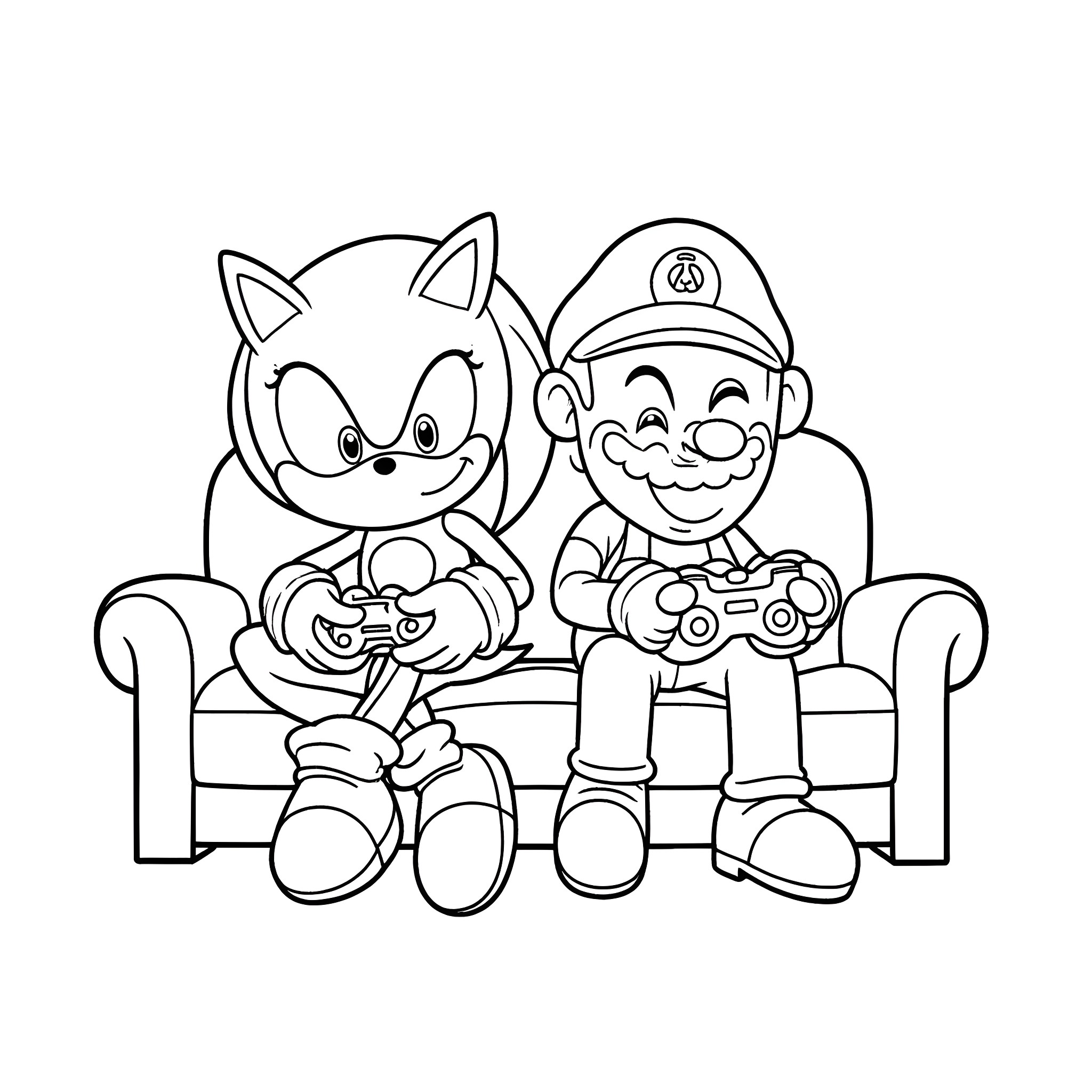 Sonic and Super Mario Playing Video Games on Couch Coloring Page (free black-and-white line drawing printable PDF for all, from beginners to advanced learners, including children, teens, adults, and seniors)