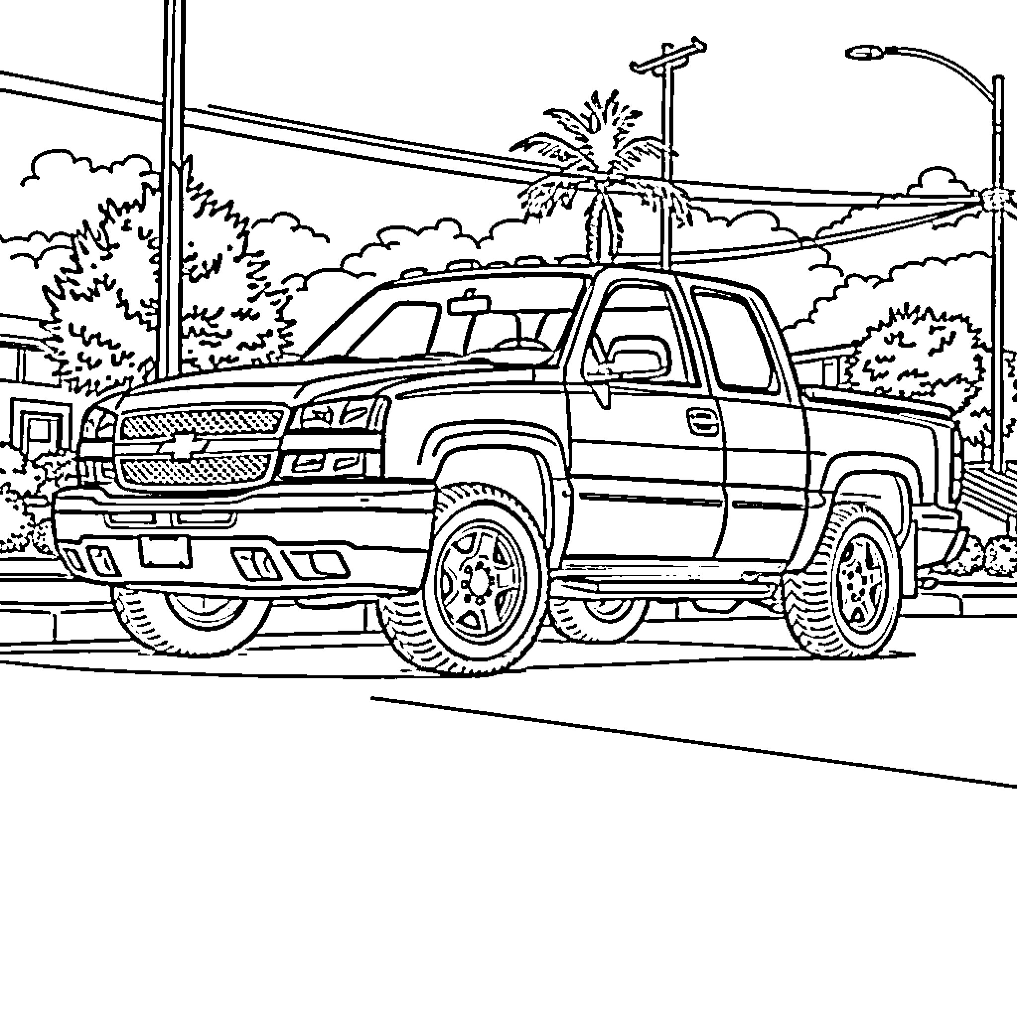 Chevrolet Silverado parked in front of scenic landscape Coloring Page (free black-and-white line drawing printable PDF for all, from beginners to advanced learners, including children, teens, adults, and seniors)