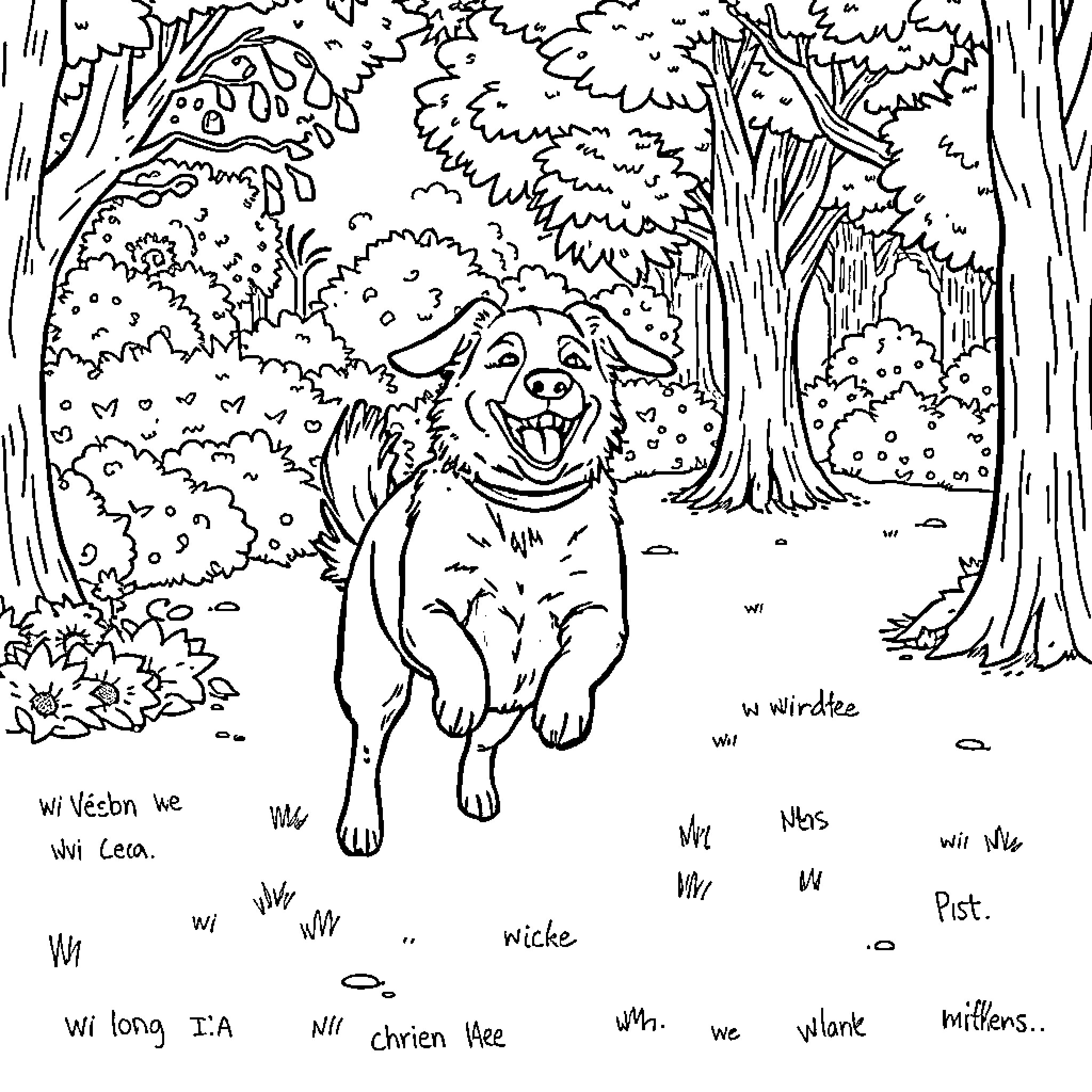 Dog exploring the whimsical forest Coloring Page (free black-and-white line drawing printable PDF for all, from beginners to advanced learners, including children, teens, adults, and seniors)