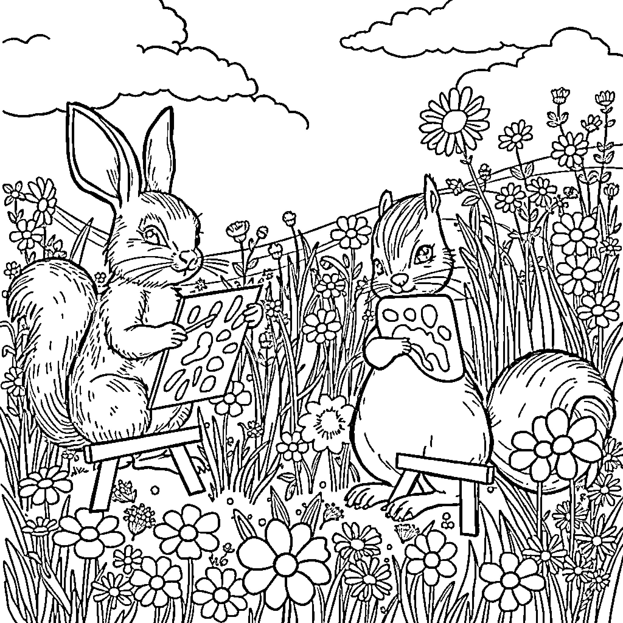 Woodland Creatures Enjoying a Floral Meadow Coloring Page (free black-and-white line drawing printable PDF for all, from beginners to advanced learners, including children, teens, adults, and seniors)