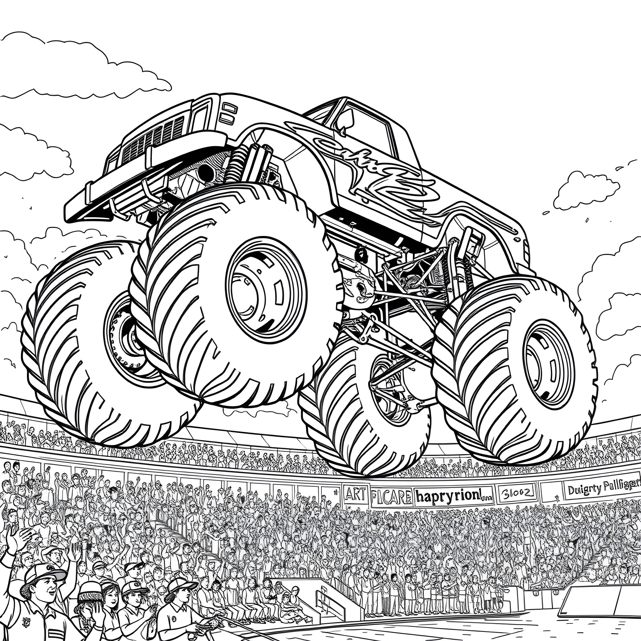 Monster Truck Jumping Over Spectators at Rally Coloring Page (free black-and-white line drawing printable PDF for all, from beginners to advanced learners, including children, teens, adults, and seniors)