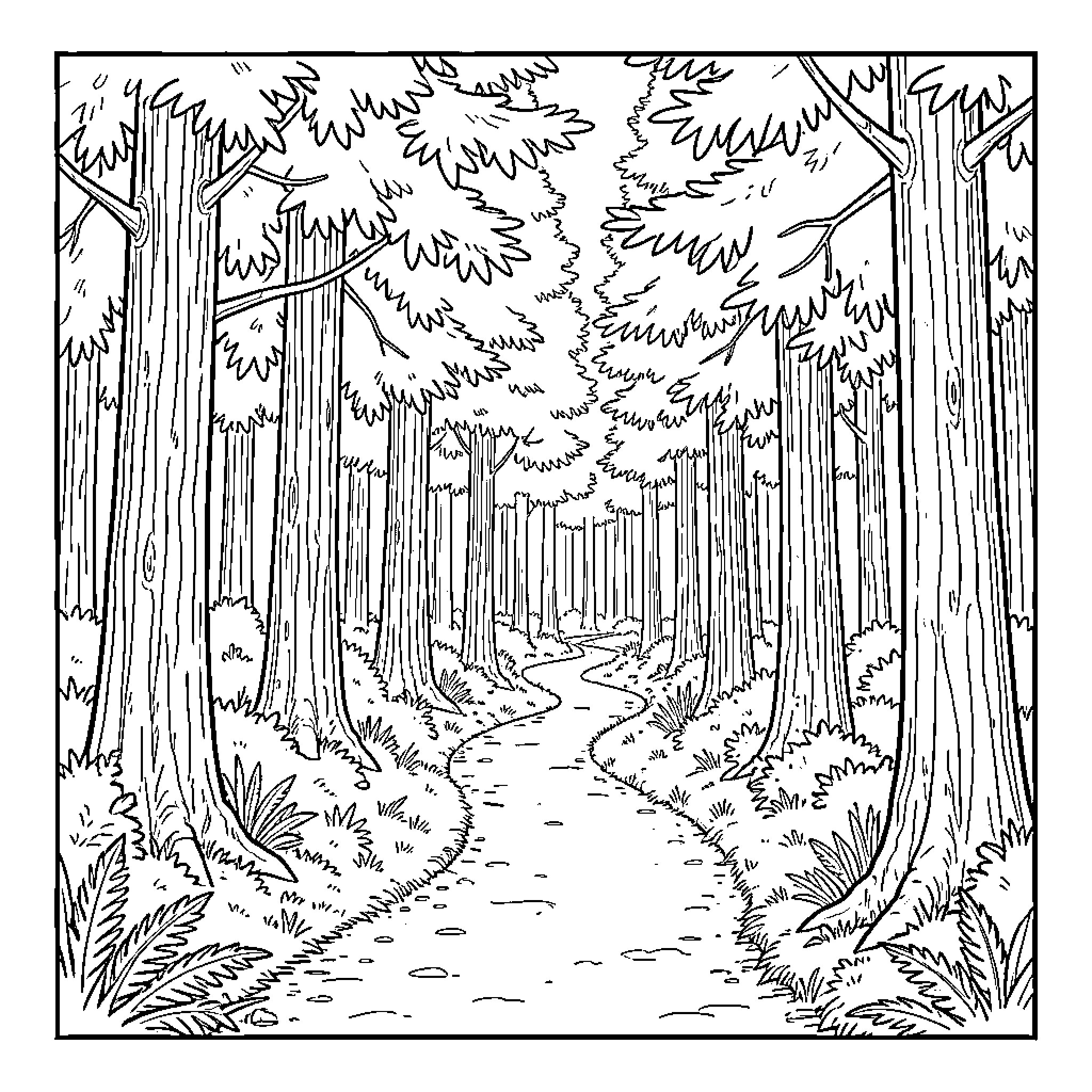 Path through the Serene Forest Coloring Page (free black-and-white line drawing printable PDF for all, from beginners to advanced learners, including children, teens, adults, and seniors)